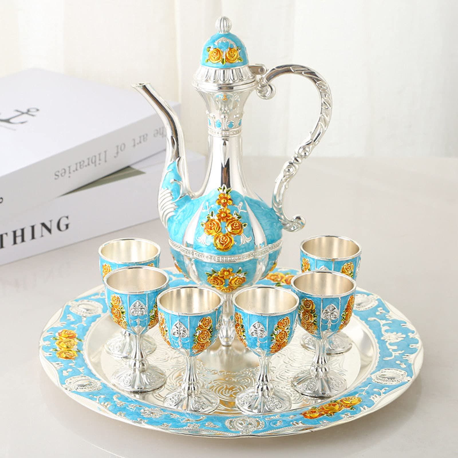 WANZPITS Turkish Tea Set with Teapot, Cups & Tray - Vintage Metal Coffee Pot Set for Traditional Tea Service - Perfect Wedding Gift (Blue) | Ideal for Home Decor, Turkish Tea Ceremonies & Hospitality