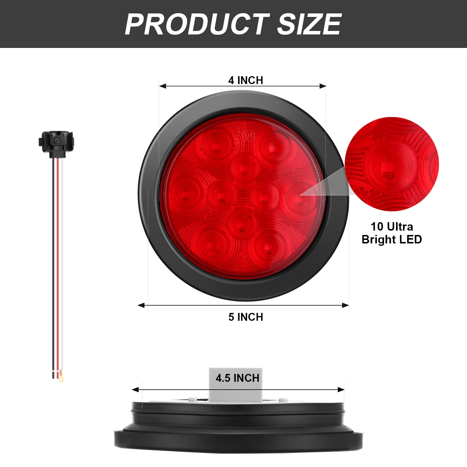 12 Pcs 4 Inch Round LED Trailer Tail Lights - 10 LED Waterproof 12V Brake Stop Turn Signal Lights for Trucks, RVs, Boats & Trailers (Red) | Durable Flush Mount Marker Lights for Night Driving & Outdoor Adventures