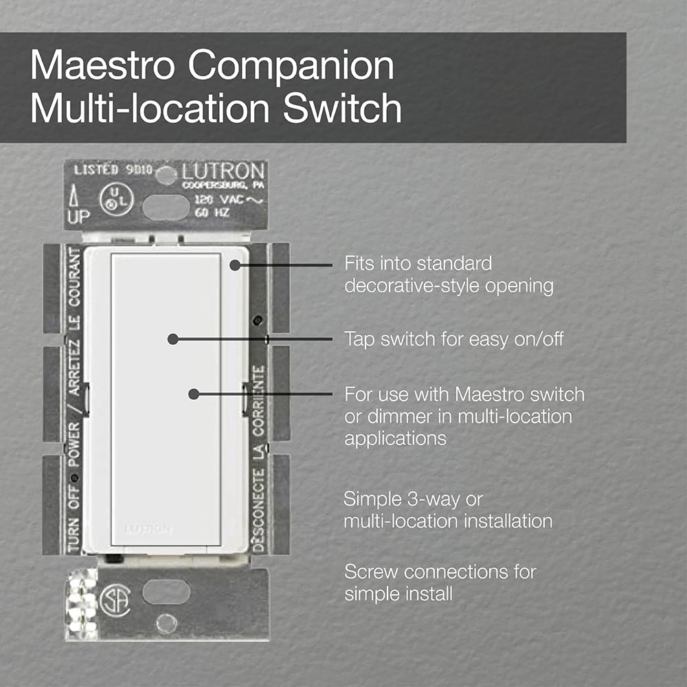 Lutron Maestro 8-Amp Multi-Location Companion Switch MA-AS-LA | Light Almond Finish | Works with 3-Way Lighting Systems | Perfect for Hallways, Staircases & Large Rooms