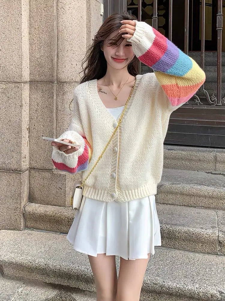 Rainbow Striped Knitted Cardigan for Women - Cozy Oversized Sweater for Fall & Winter - Perfect for Casual Wear, Office, and Date Nights