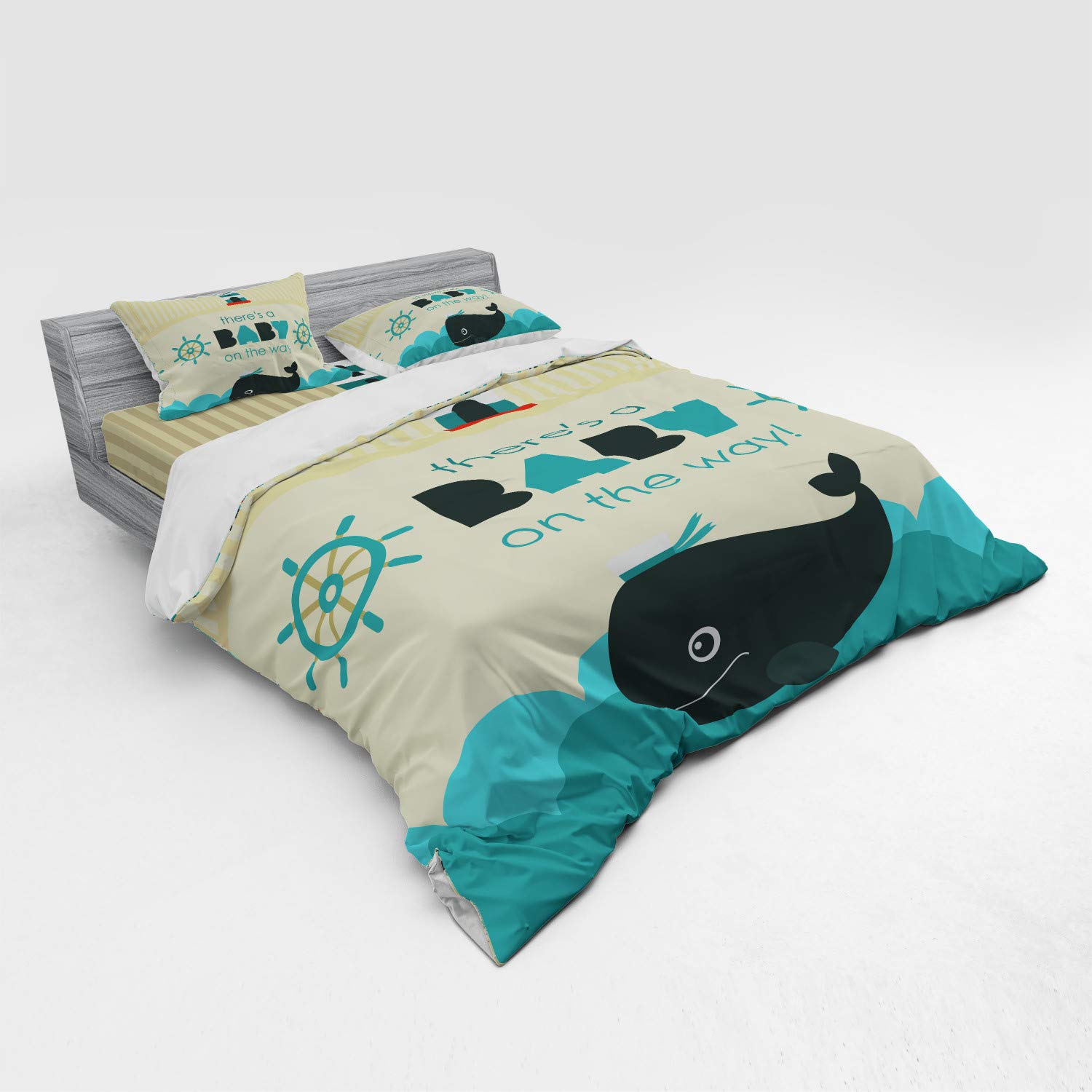 Ambesonne Gender Reveal Party Bedding Set - 'Little One on The Way' Marine Theme with Dolphin & Ship Wheel - 3 Piece Duvet Cover Set with Sham & Fitted Sheet - King Size Dark Blue Khaki Teal - Perfect for Baby Showers, Nursery Decor & Coastal Themed Bedrooms