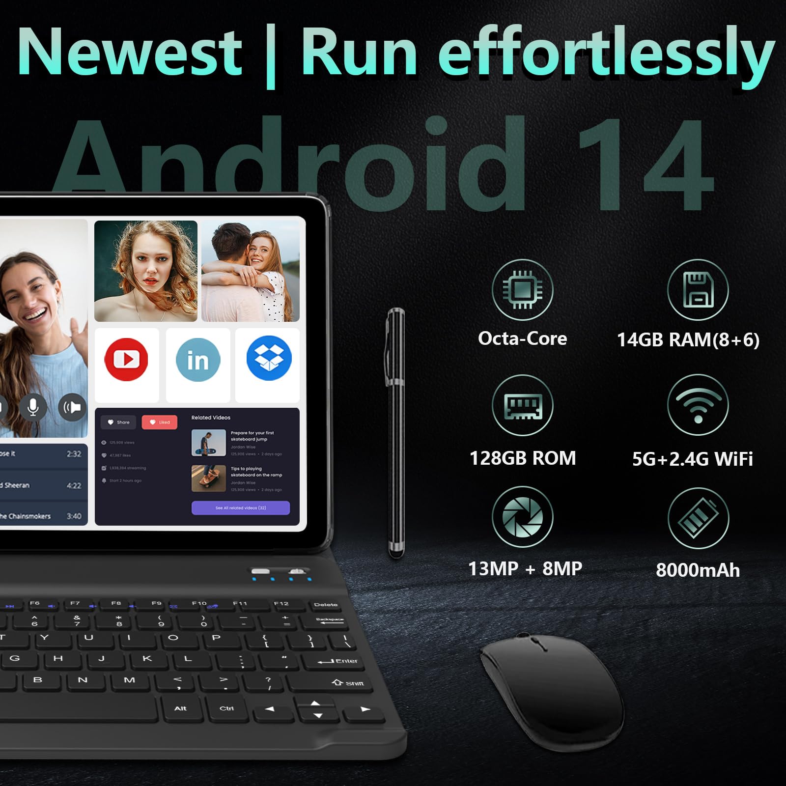 Android 14 10-Inch 4G LTE Tablet - Octa-Core Processor, 128GB ROM + 14GB RAM (8+6), 1TB Expandable Storage, 5G WiFi, 8000mAh Battery, Bluetooth 5.0, 13MP+8MP Dual Camera - Includes Keyboard & Protective Case (Gray) - Perfect for Work, Study, and Entertainment On The Go