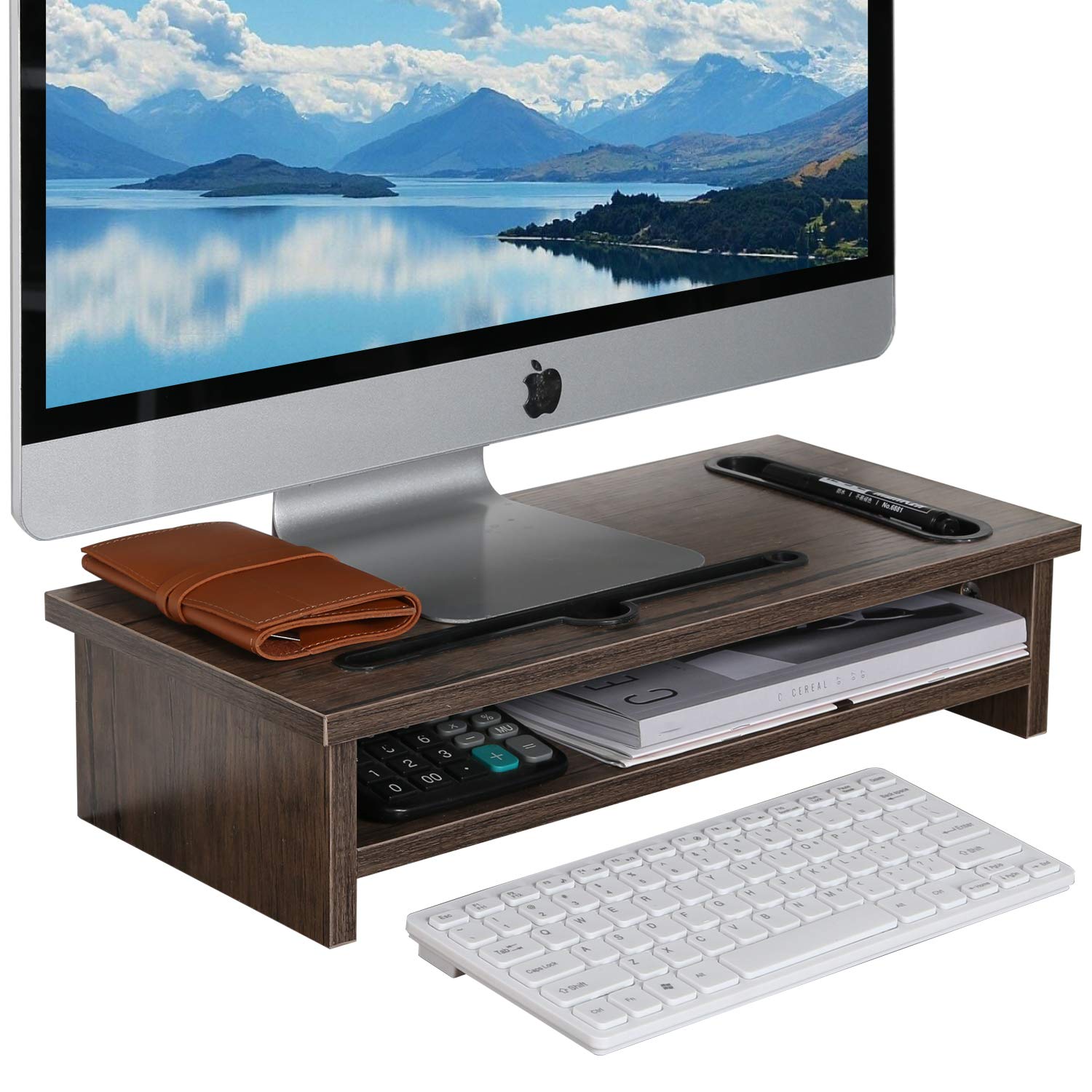VECELO 2-Tier Wooden Monitor Stand Riser with Drawer & Cable Management - Desk Organizer for Computer, TV, Laptop, Printer & Phone Holder - Perfect for Home Office, Gaming Setup & Workspace Organization