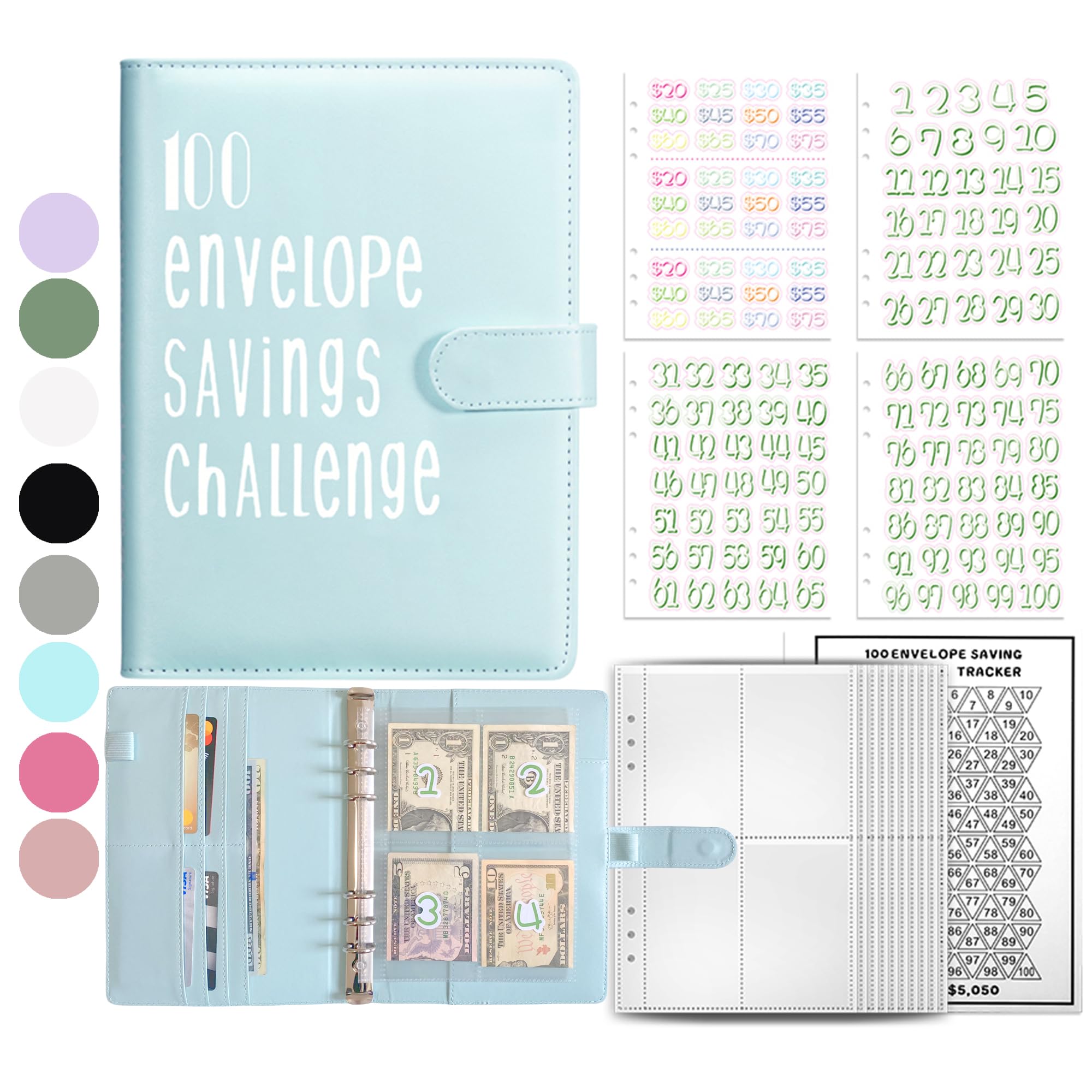 100 Envelopes Challenge Binder Kit - A5 Size Money Saving Budget Organizer with Numbered Cash Envelopes | 100 Day Savings Challenge Book to Save $5050 | Perfect for Personal Finance Planning, Budget Tracking & Cash Envelope System (Blue)