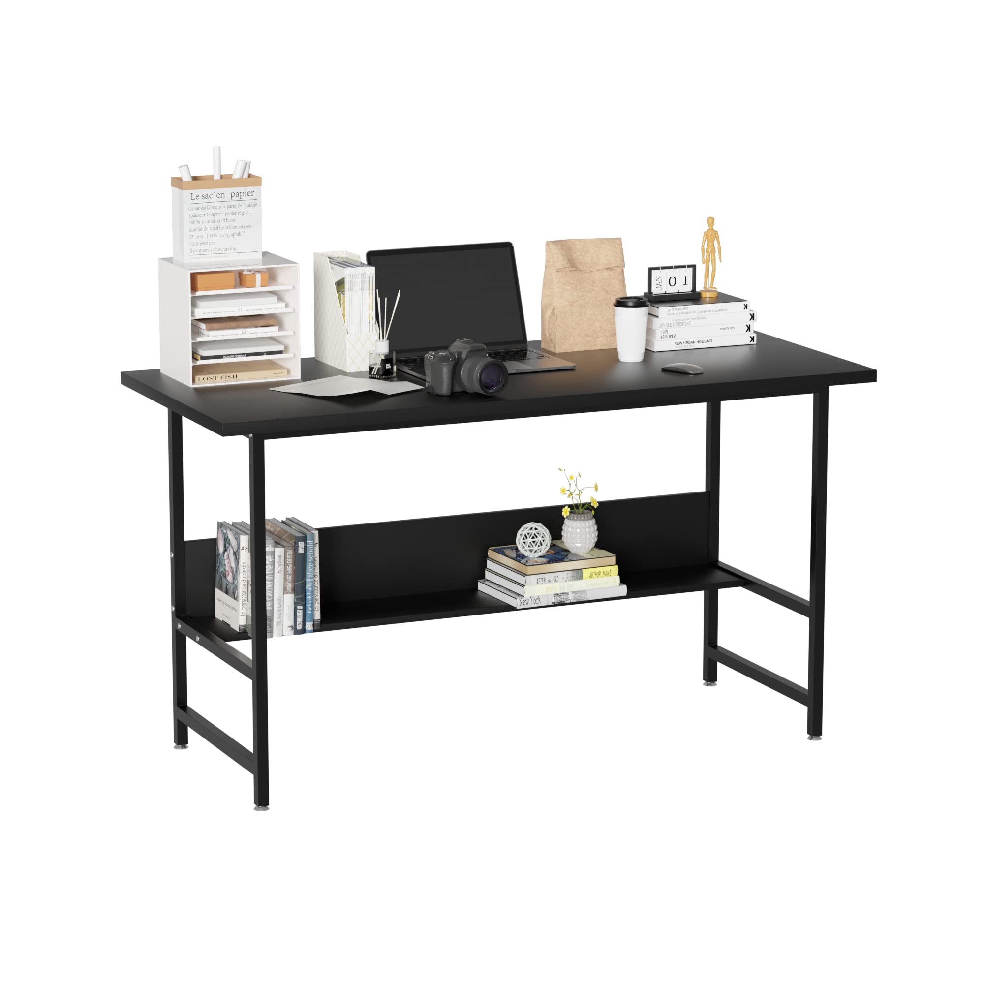 Black U-Shaped Steel Leg Office Desk with Bookshelf - Simple & Modern Computer Desk for Home Office, Study, Living Room & Bedroom - Perfect for Working, Reading & Writing