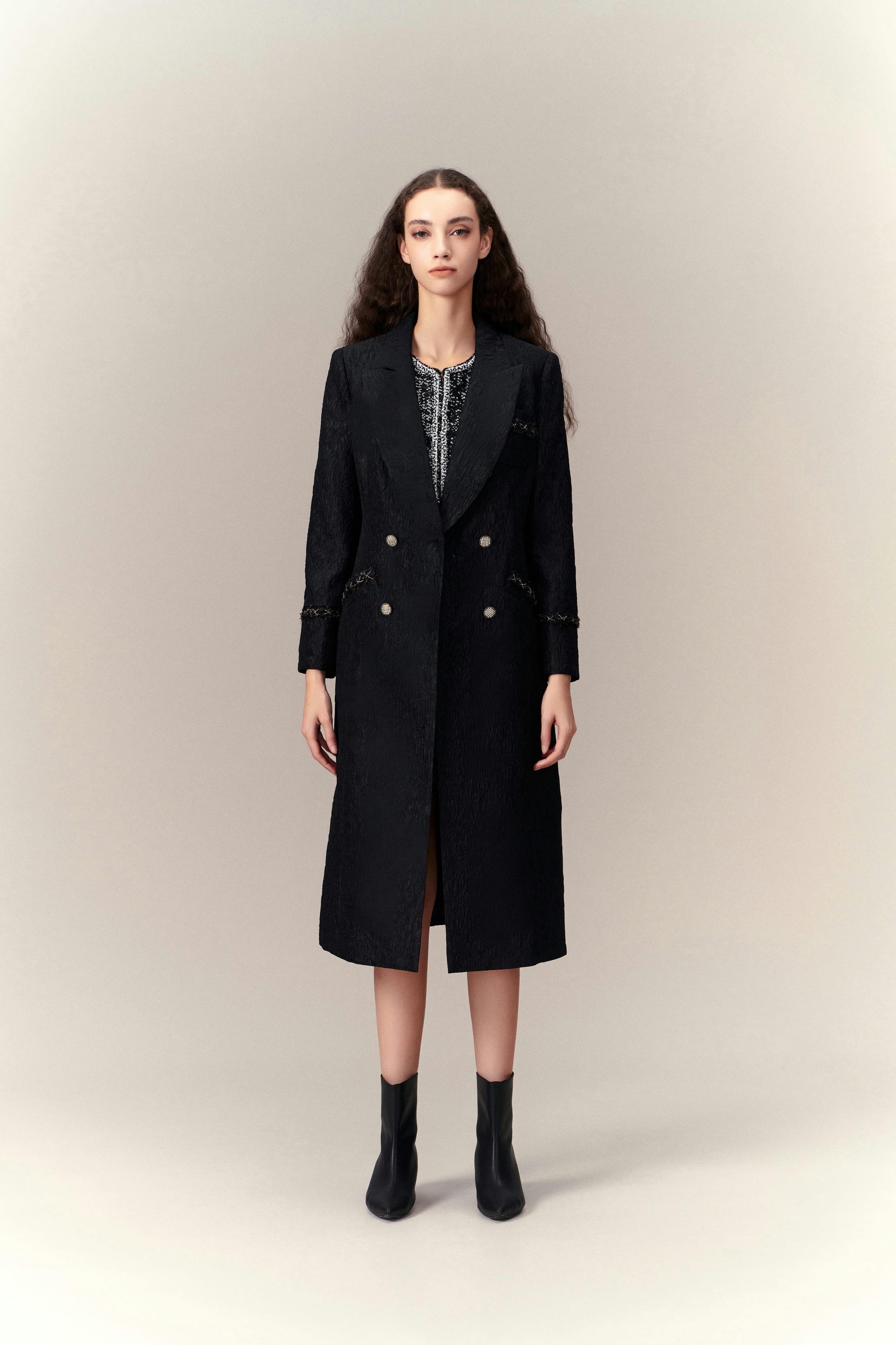 Double Breasted Embossed Pattern Maxi Coat for Women - Elegant Long Winter Trench Coat with Belt - Perfect for Office, Dating & Formal Occasions
