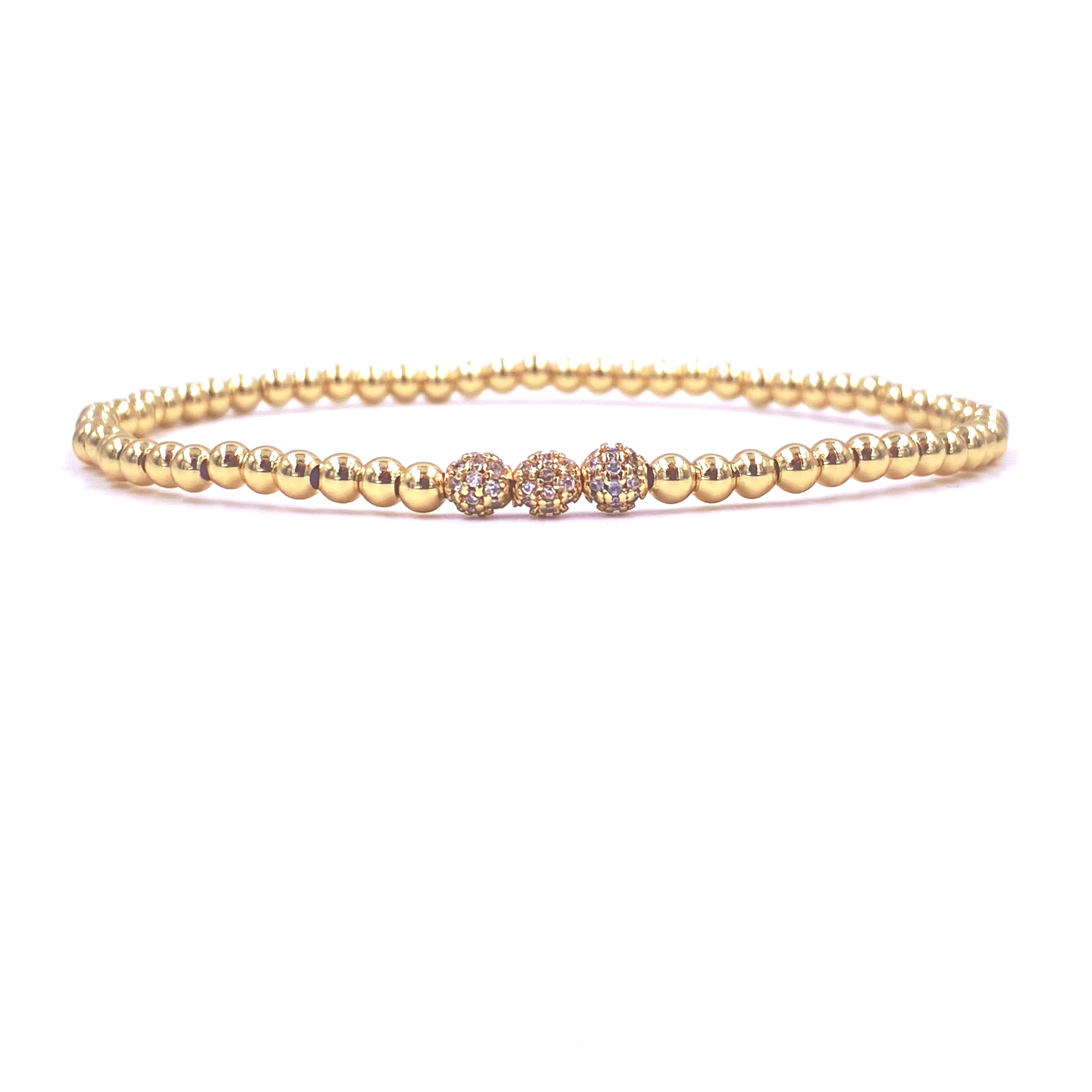 Ashley Gold Stainless Steel Gold Plated Three Center CZ Ball Design Stretch Beaded Bracelet for Women - Elegant Jewelry Gift for Birthday, Anniversary & Special Occasions