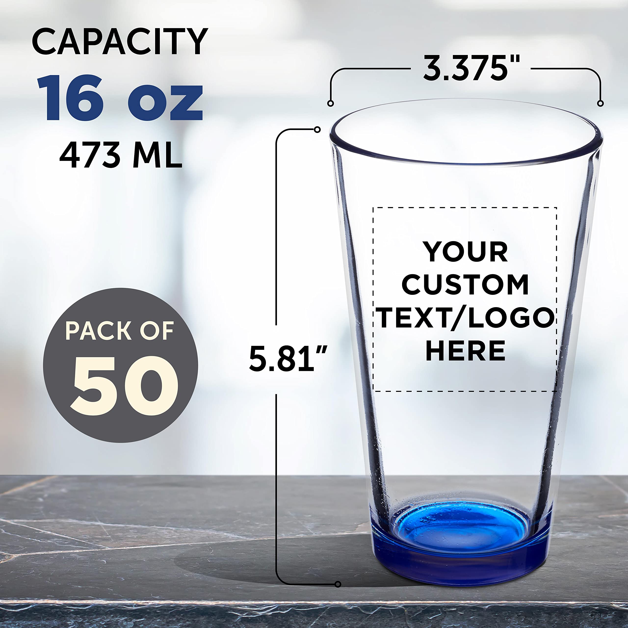 Custom Beer Pint Glasses 16 oz - Set of 50 Bulk Pack | Personalized Bar & Restaurant Glassware with Thick Base & Walls | Durable, Stackable Drinking Glasses for Pubs, Parties & Events (Blue)