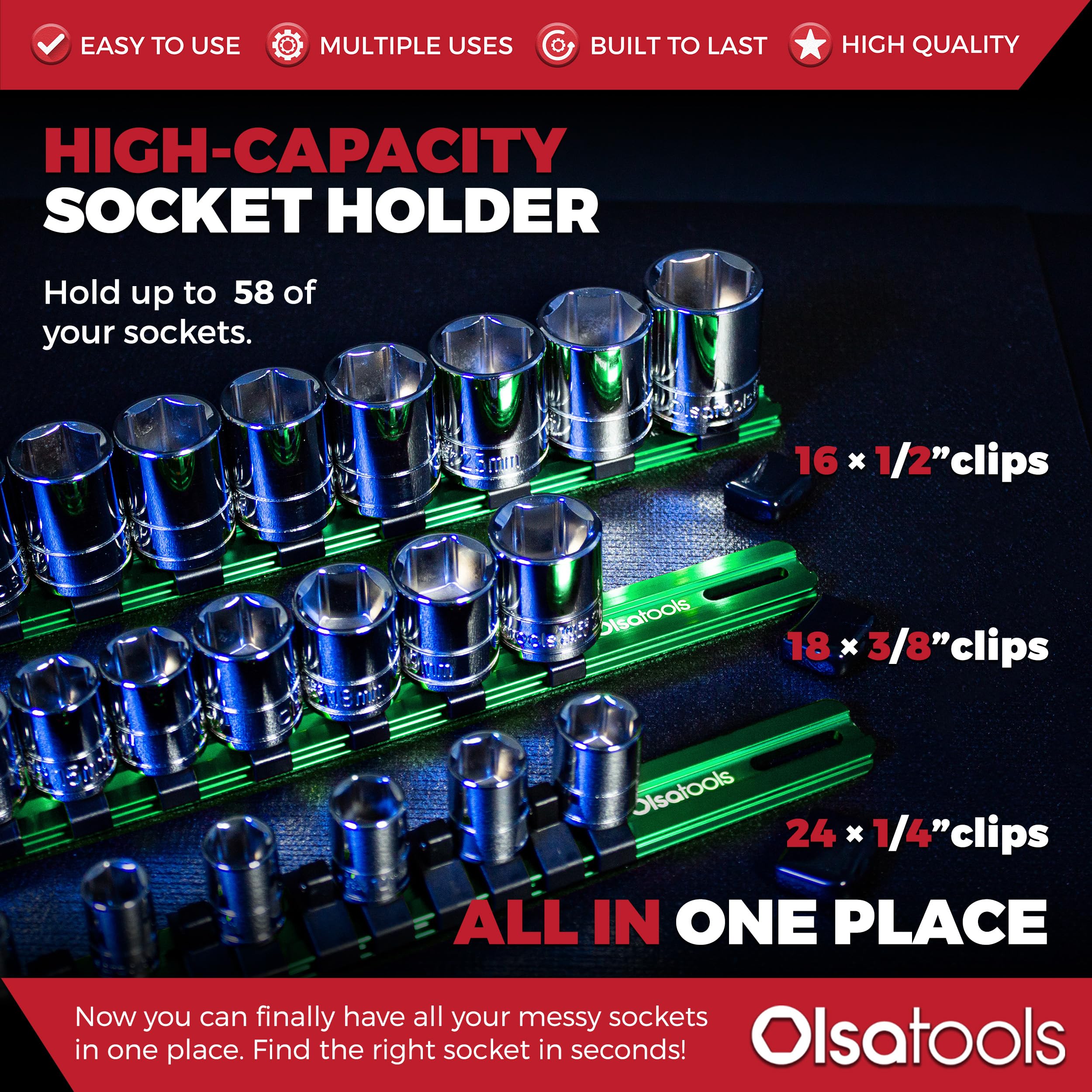 Olsa Tools 3-Piece Socket Organizer Set (Green) - Heavy Duty 1/2