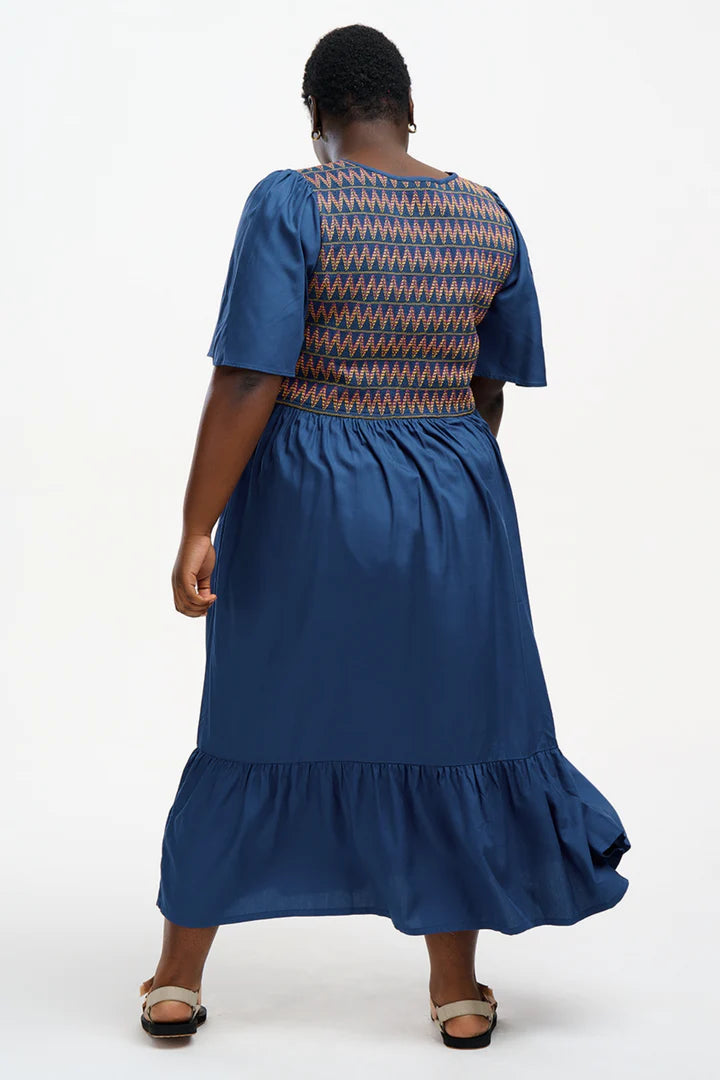 Brielle Midi Shirred Dress - Washed Navy Zigzag Shirring Flowy Summer Dress for Women | Beach Vacation, Date Night, Casual Outings