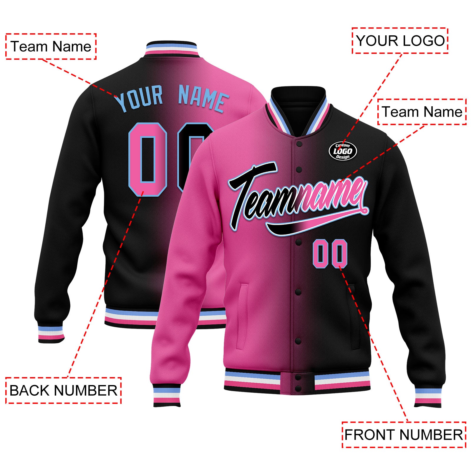 Custom Gradient Fashion Bomber Jacket - Personalized Full Snap Varsity Letterman Jacket for Men & Women | Perfect for Streetwear, Casual Outfits & School Spirit Events (Style FZ005 D028016)