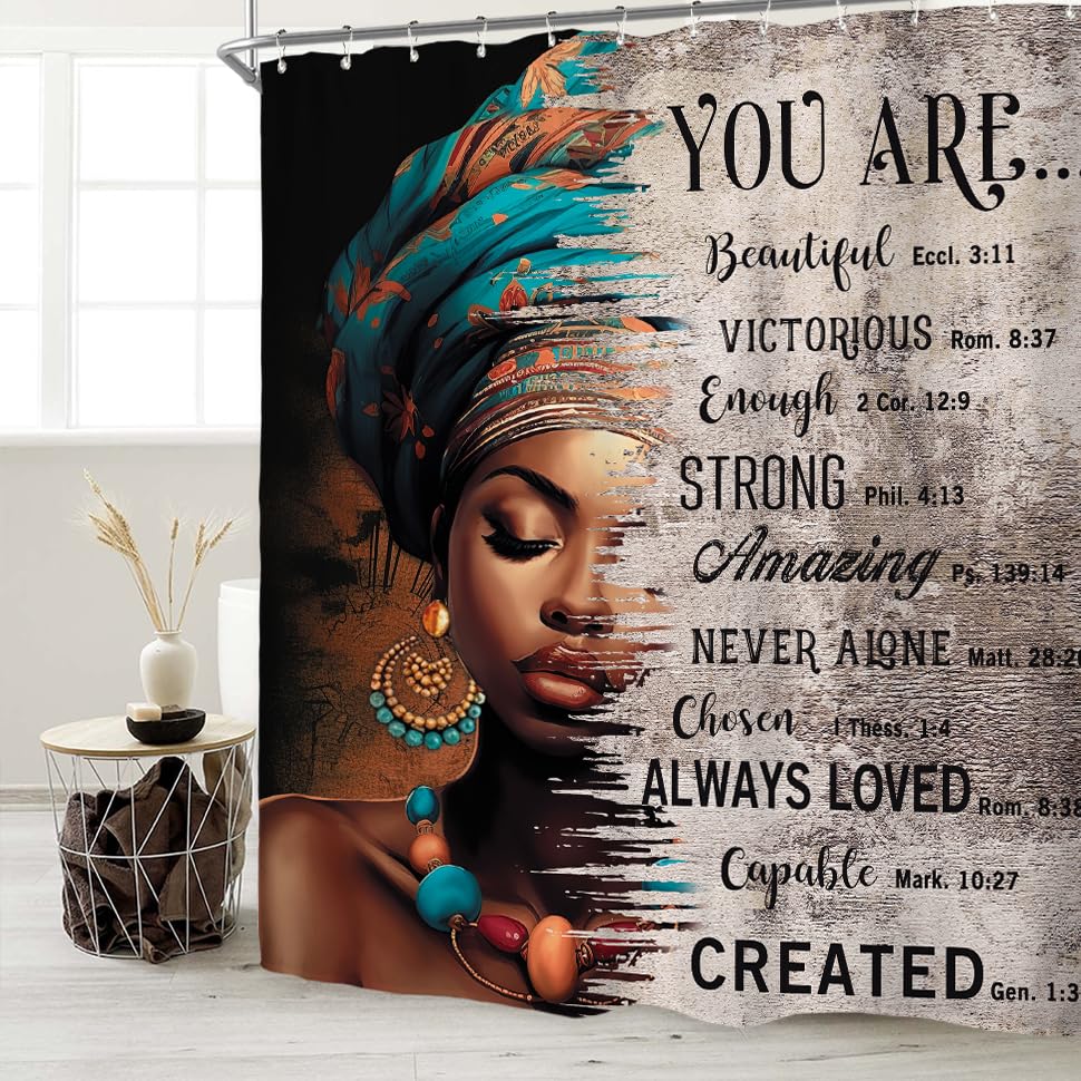 African American Inspirational Shower Curtain Set - 60x71 Inch Black Girl Bible Quotes, Waterproof Polyester Bathroom Decor with 12 Hooks - Perfect for Women's Home, Apartment & Dorm Room Decor