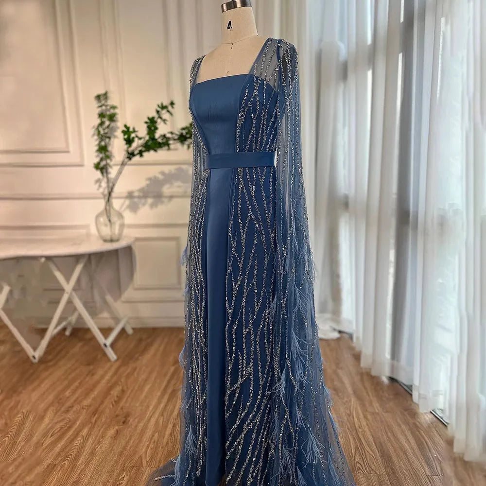 Serene Hill Ivory Mermaid Evening Gown with Elegant Feather Cape & Beaded Square Neckline - Luxury Moroccan Caftan Dress LA71748 for Weddings, Galas & Formal Events