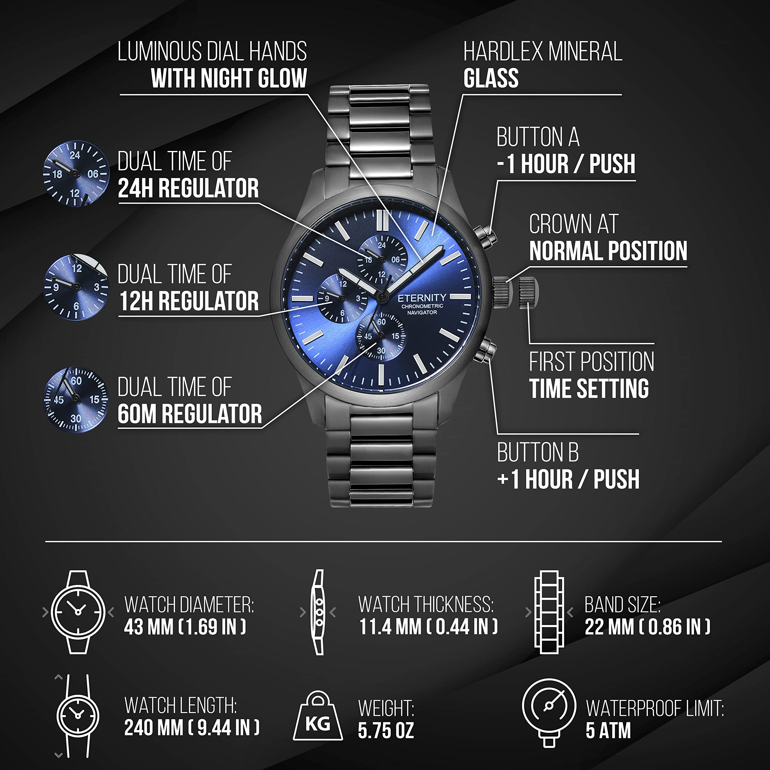 Personalized Engraved Watch for Men - Multi-Function Wristwatch with Custom Back Cover - Black/Blue Dial - Perfect Gift for Anniversary, Birthday & Graduation - Ideal for Business, Formal & Casual Wear