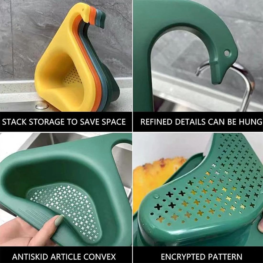 Strainer Pro - 4Pcs Multifunctional Kitchen Sink Drain Basket Strainer for Vegetables, Pasta & Fruits | Faucet Hanging Filter Basket & Swan Drain Rack | Perfect for Washing Produce, Draining Pasta & Keeping Sink Clean