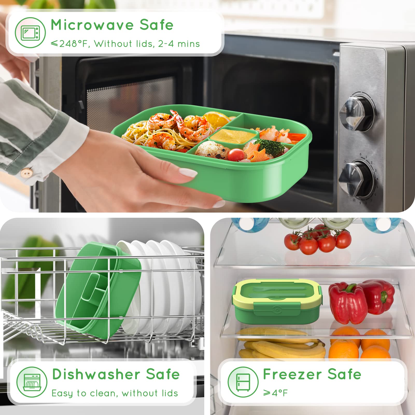 Leakproof 44oz Bento Lunch Box for Kids - 4 Compartment BPA-Free Reusable Food Container with Cutlery - Perfect for School Meals, Snacks, Picnics & Travel (Green)