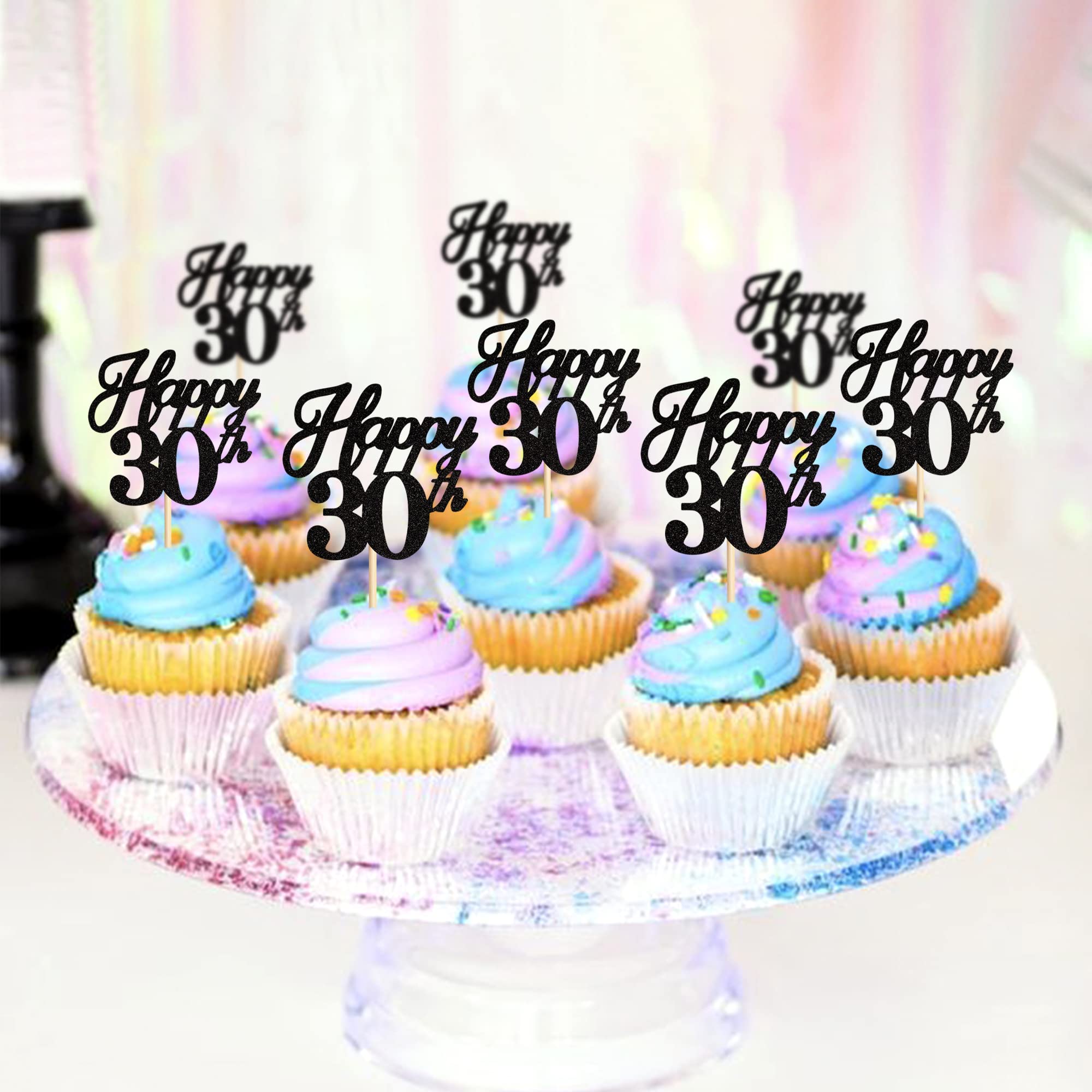 Ercadio 24 Pack Happy 30th Birthday Cupcake Toppers - Black Glitter 30th Cupcake Picks, Hello 30 Cupcake Decorations for Birthday, Wedding, Anniversary Party Cake Decor Supplies - Perfect for Milestone Celebrations & Dessert Table Displays