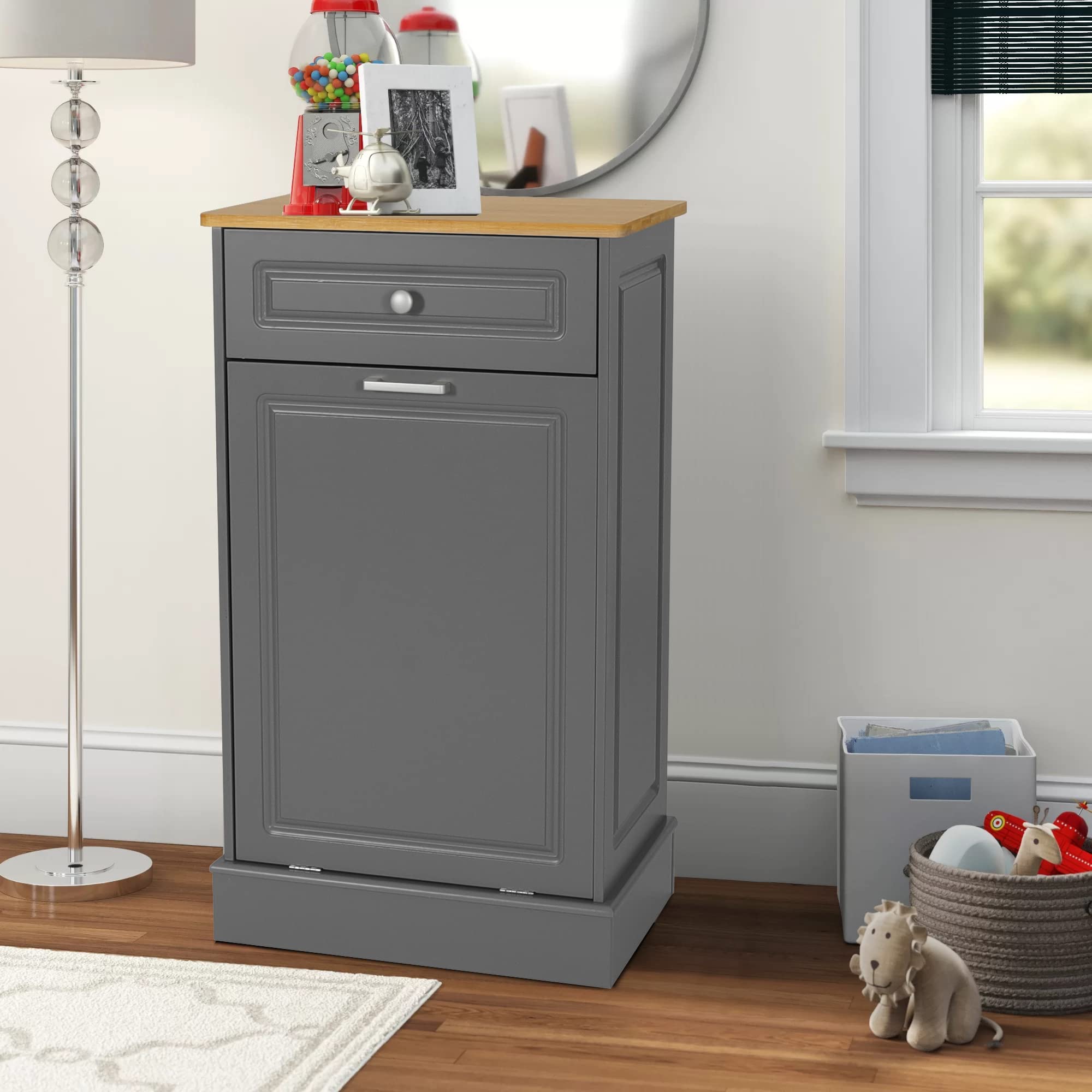 ONG Tilt Out Trash Cabinet - Free Standing Kitchen Wooden Recycling Bin with Drawer, Hideaway Trash Holder for Pantry & Laundry Room (Gray) - Perfect for Waste Sorting & Home Organization