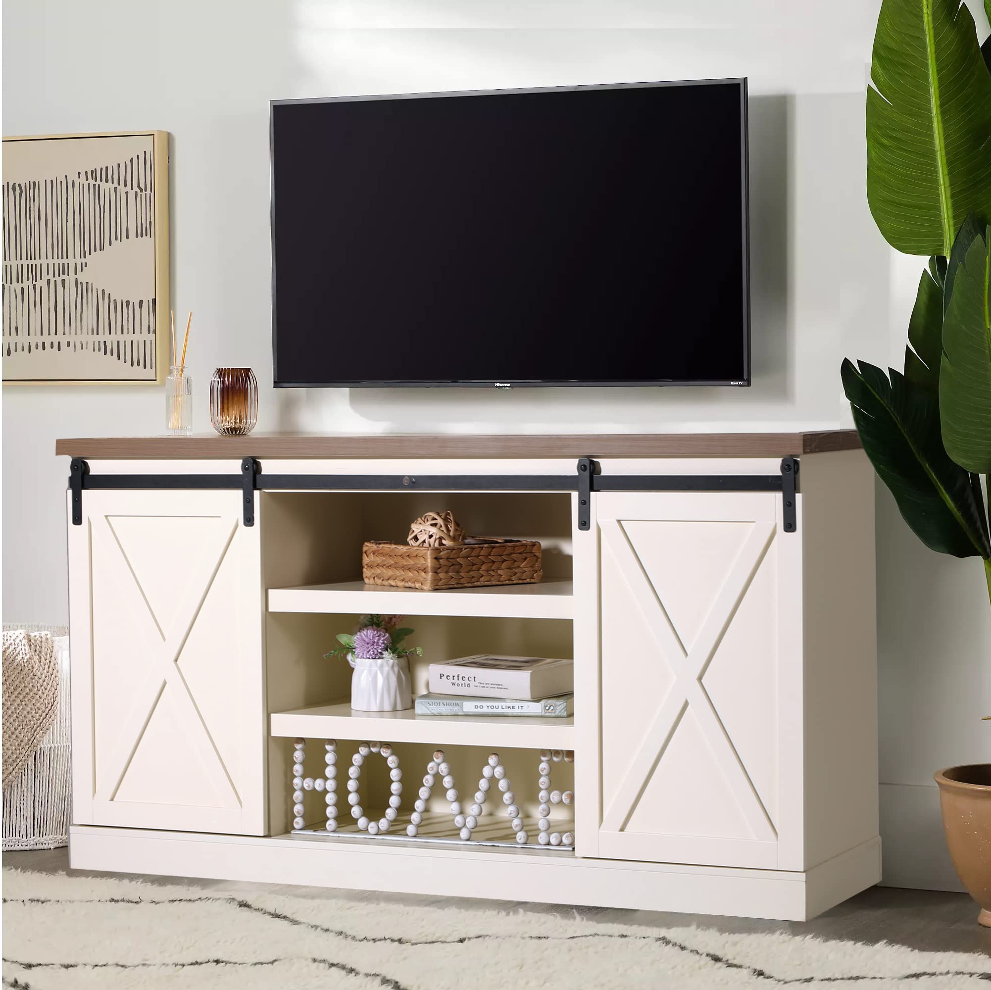 Rustic Modern White Farmhouse TV Stand for 65+ Inch TVs - Tall Entertainment Center with Storage Shelves | TV Console for Living Room, Home Theater & Farmhouse Decor - Ideal for Movie Nights, Family Gatherings & Cozy Home Entertainment