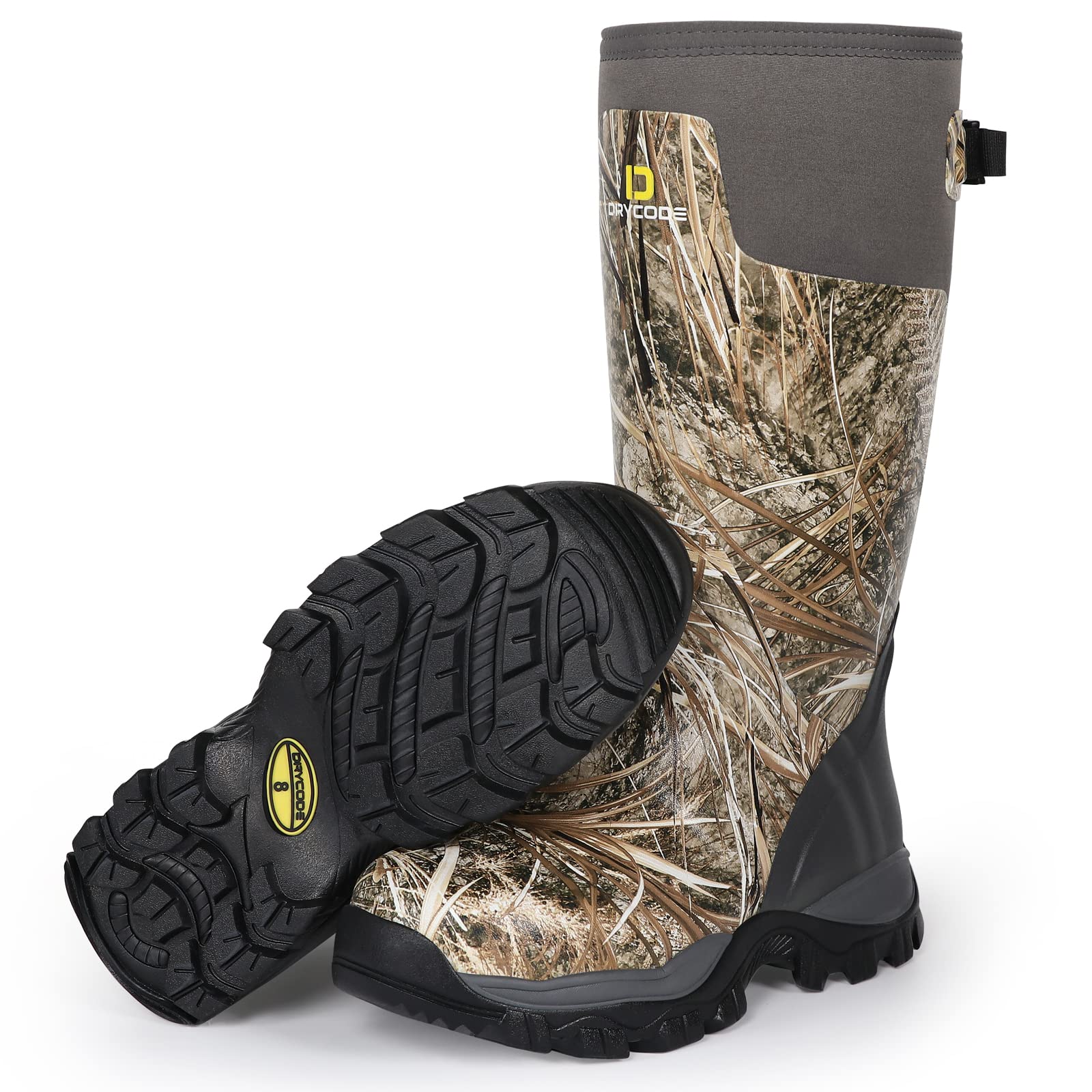 **DRYCODE Men's Waterproof Hunting Boots - 5mm Neoprene Insulated Camo Rubber Boots with Steel Shank, Anti-Slip Mud Boots for Outdoor, Fishing & Hunting - Perfect for Wet Terrains & Cold Weather Adventures**
