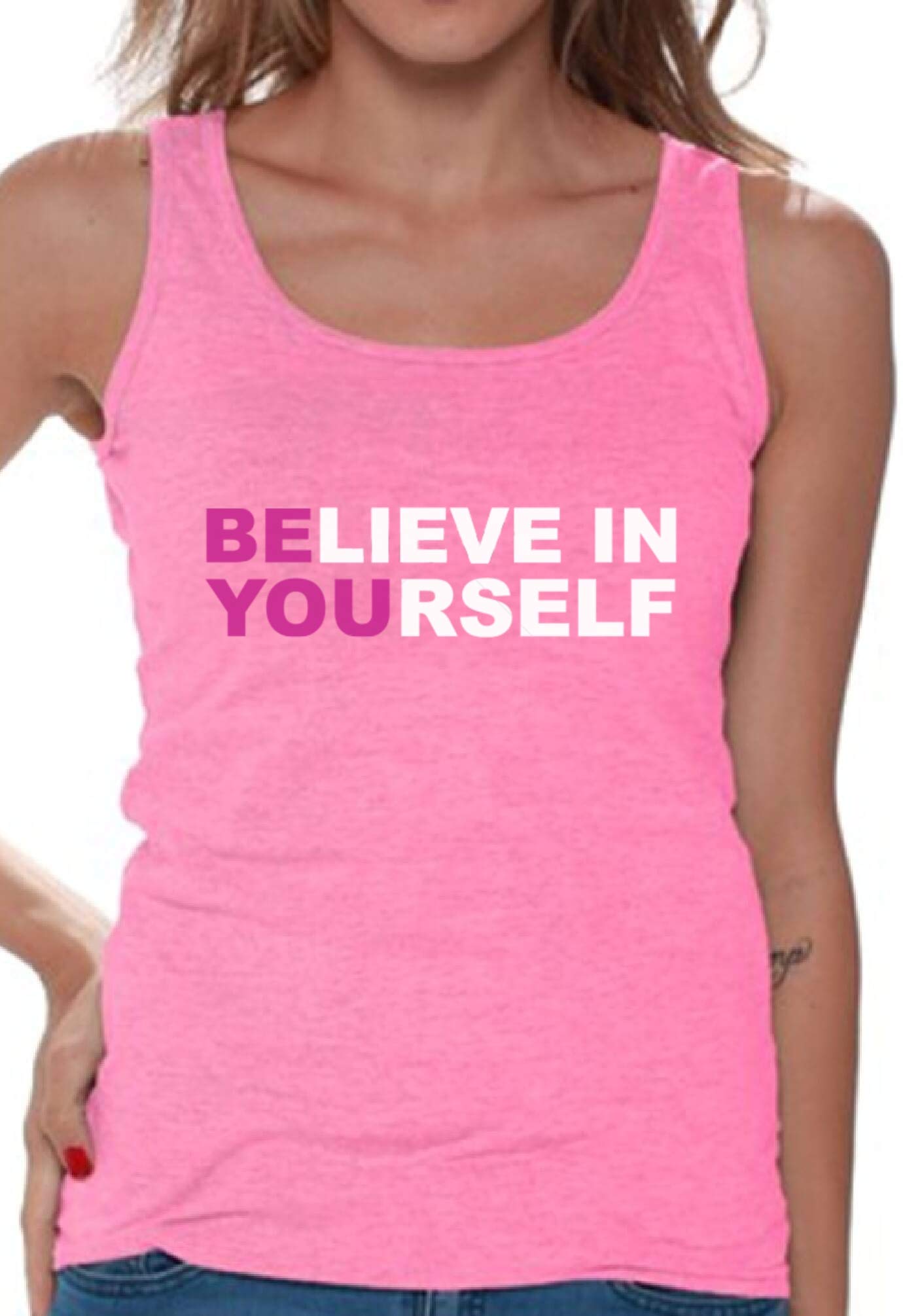 Believe in Yourself Women's Neon Tank Top - Workout, Gym & Yoga Activewear - Motivational Fitness Apparel for Women