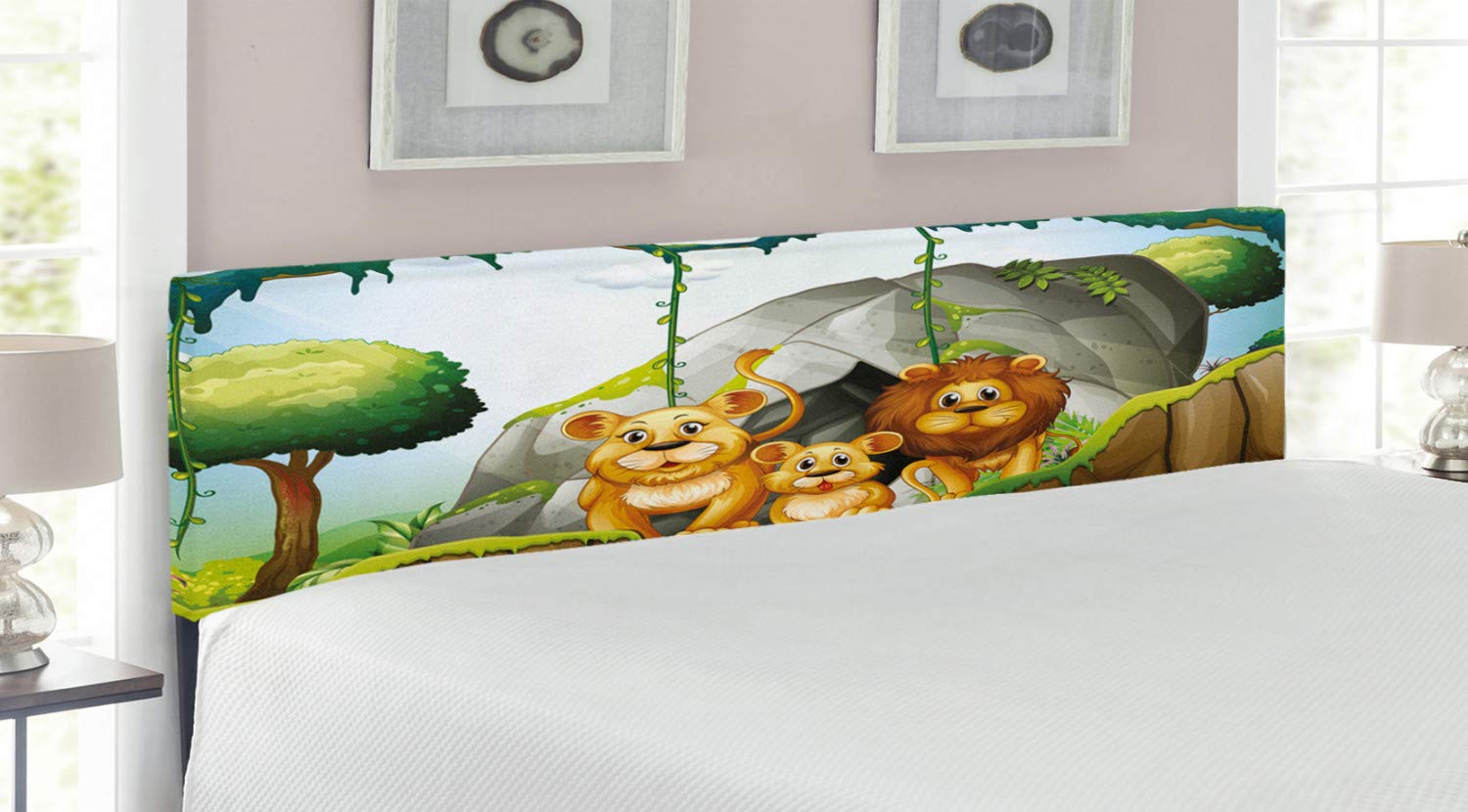 Lunarable King Size Upholstered Headboard - Lion Family Jungle Woods Zoo Illustration, Decorative Metal Bed Frame with Memory Foam in Hunter Green Chocolate | Perfect for Wildlife Theme Bedrooms & Safari Nursery Decor
