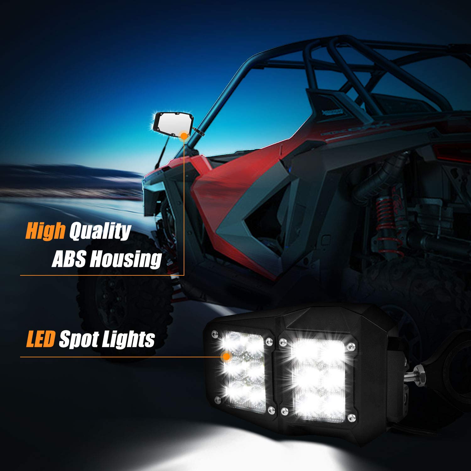 UTV RZR Off-Road Side Rear View Mirrors with LED Spot Light - Compatible with Polaris RZR XP 1000/900, Yamaha Rhino, Honda Pioneer/Talon, Kawasaki Teryx (1.75-2