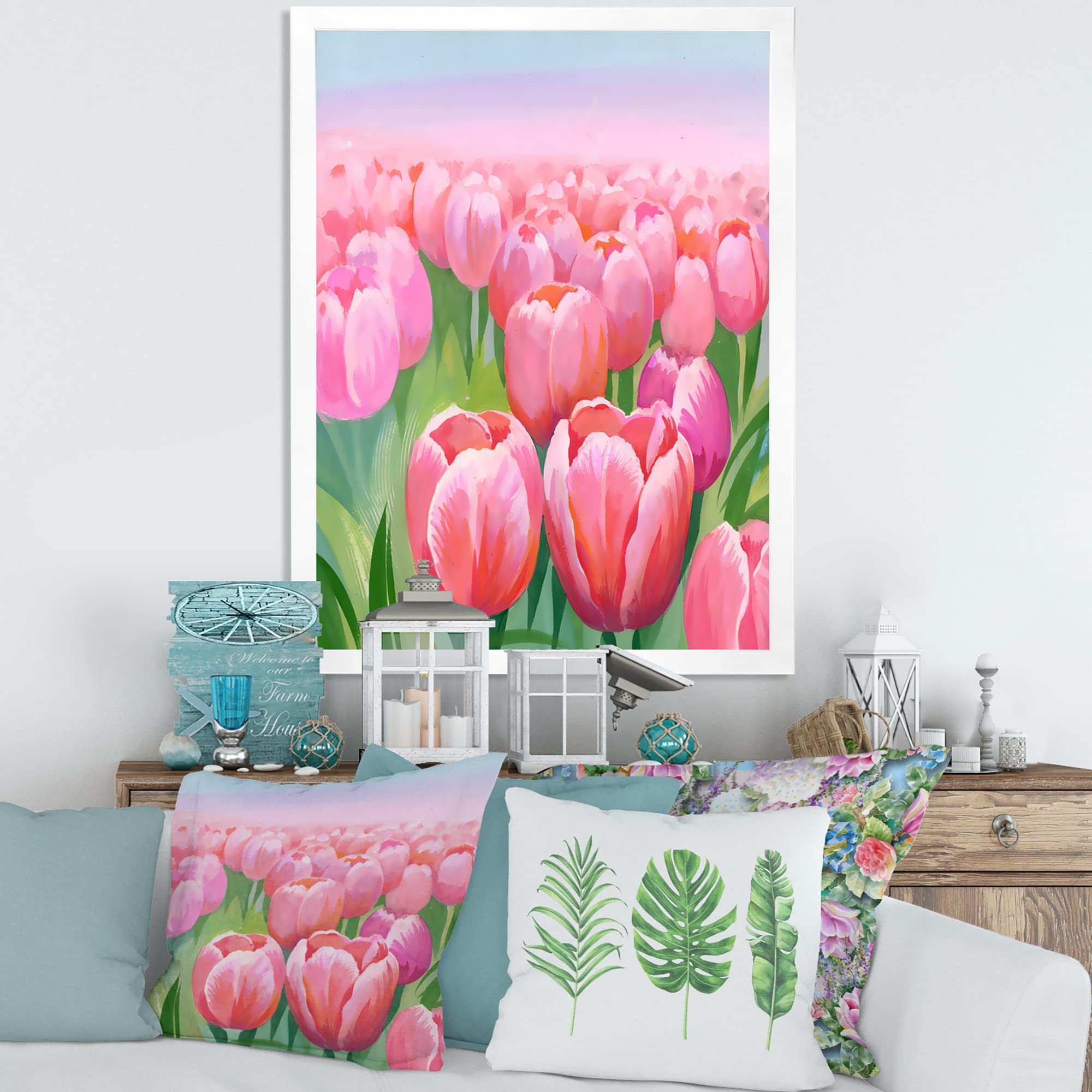 Field of Pink Tulips Traditional Framed Wall Art - Floral Home Decor for Living Room, Bedroom & Office - Ready to Hang Canvas Painting