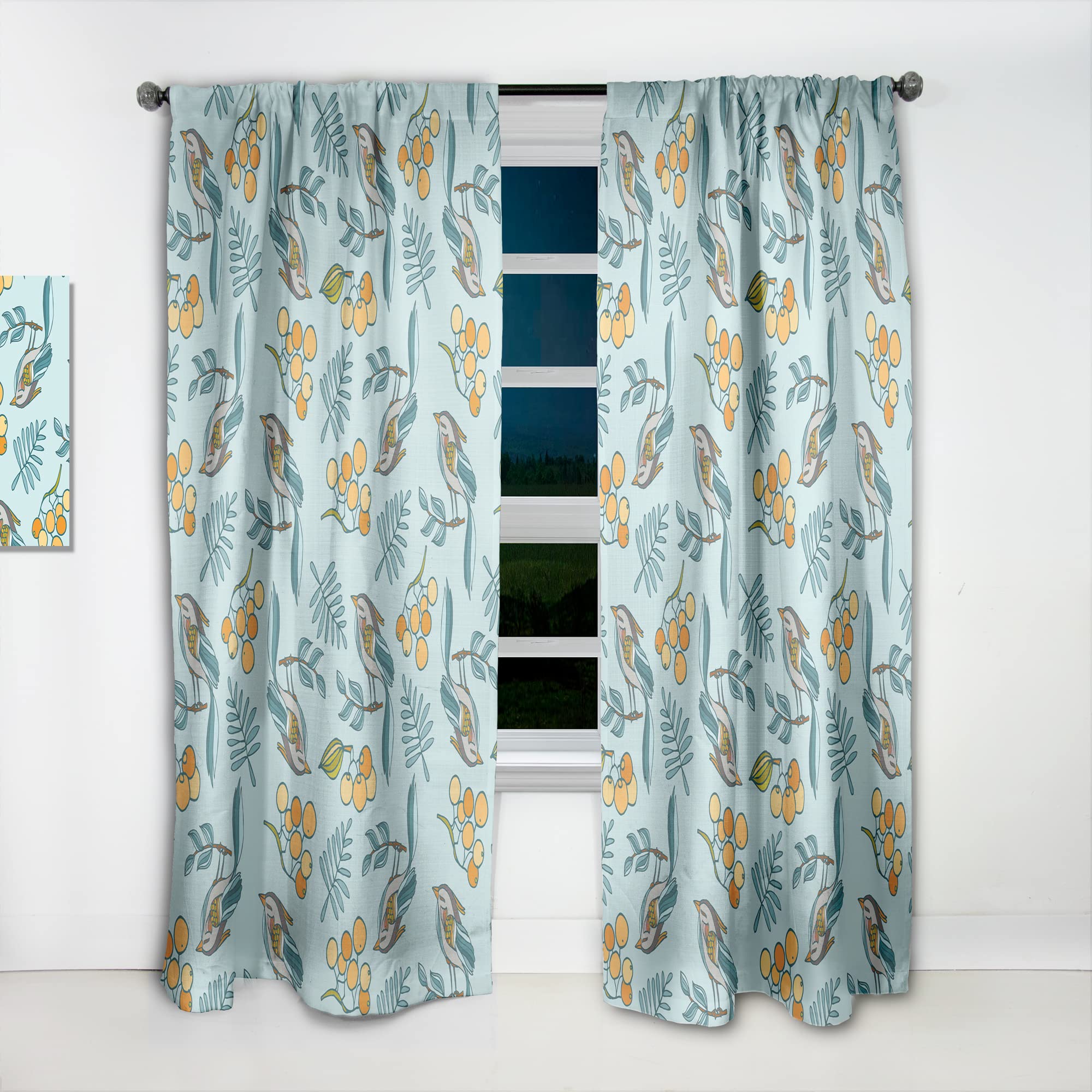 Thermal Insulated Blackout Curtains - 52x90 Inch Single Panel with Bird & Berry Print for Bedroom & Living Room - Noise Reducing & Energy Saving Window Drapes for Home Decor