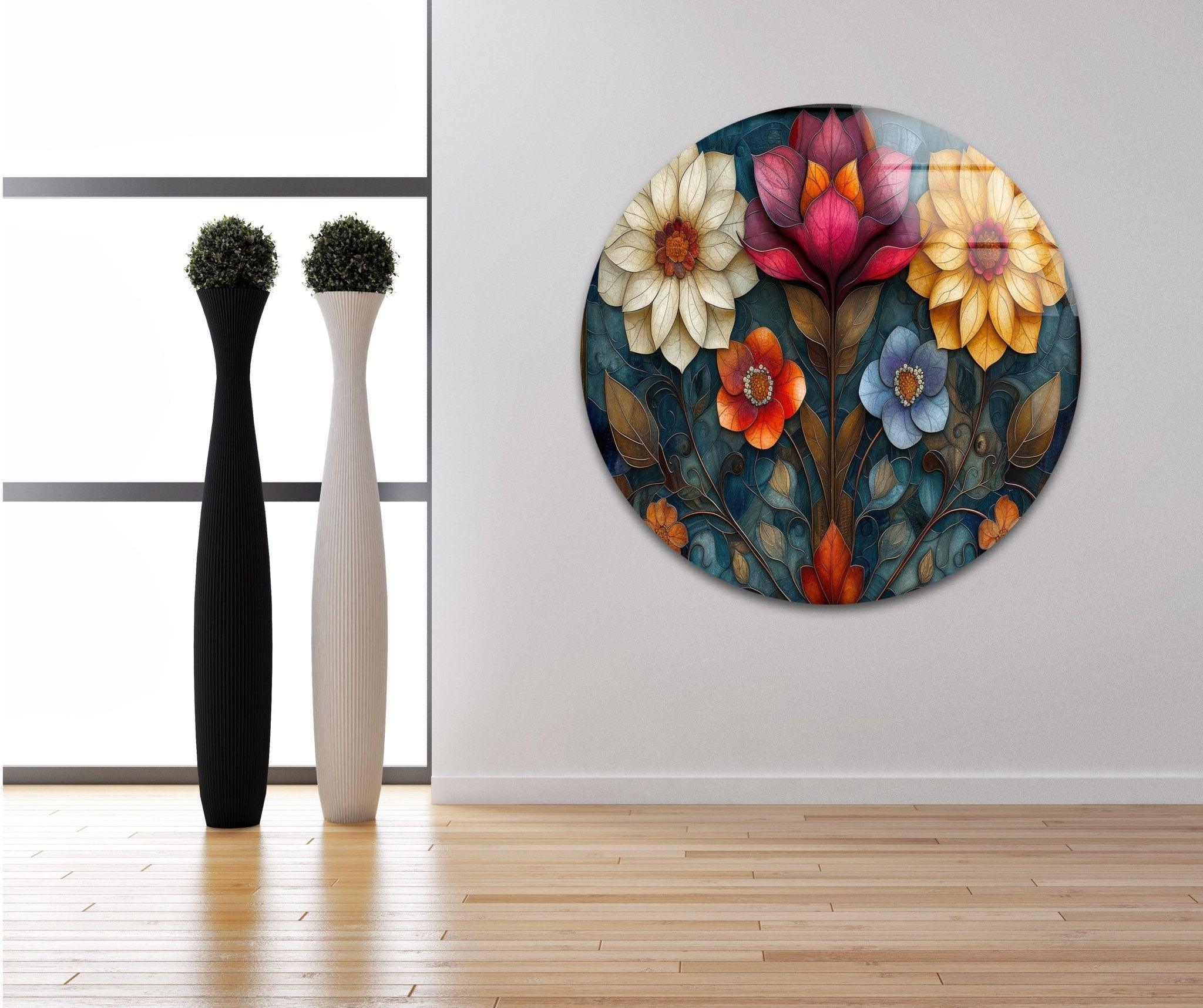 Art Nouveau Flowers Glass Wall Art - Handmade Stained Glass Decor for Home & Office - Perfect for Living Room, Bedroom, or Gift