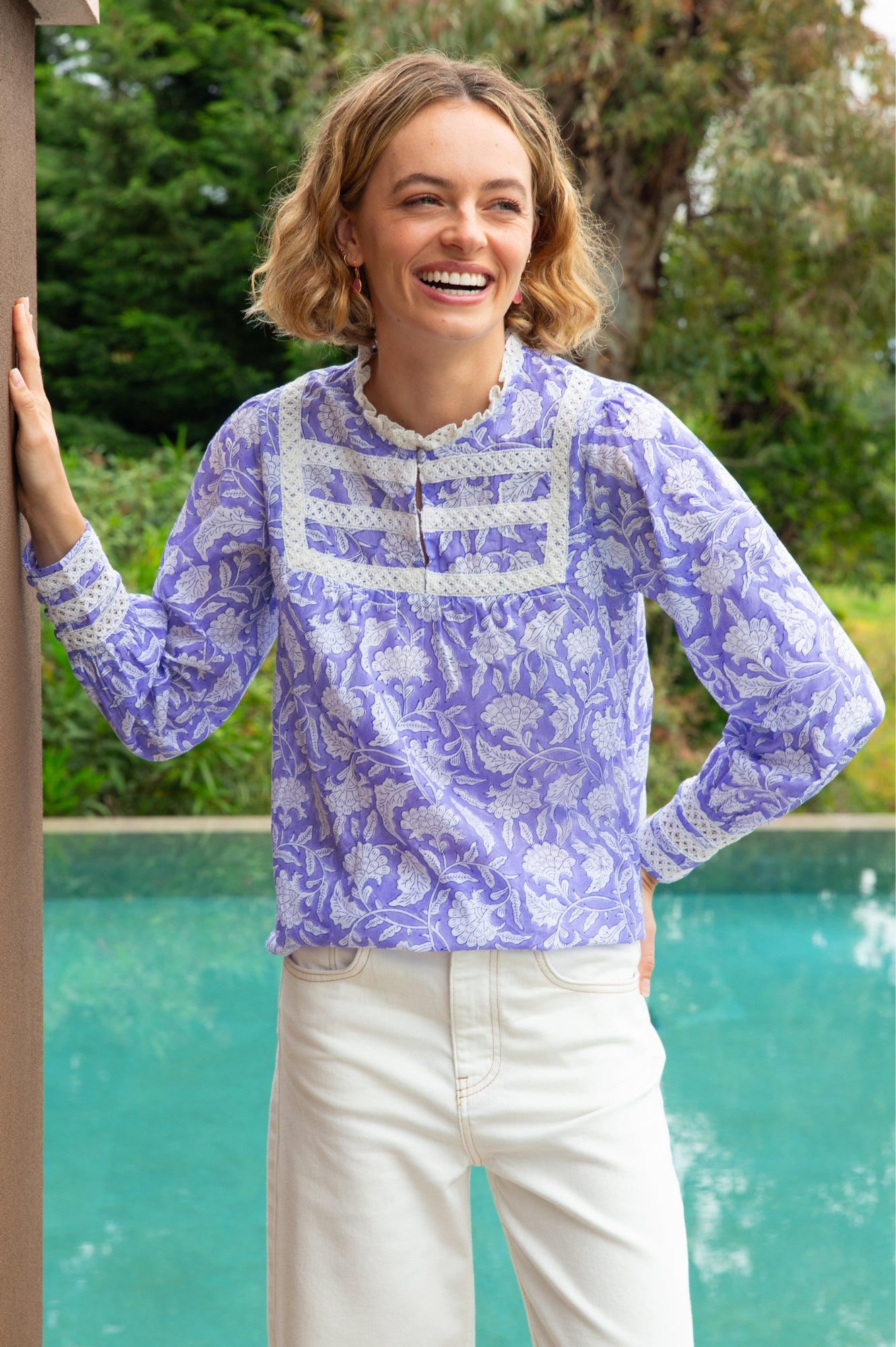 Margot Organic Cotton Block Print Blouse - Iris Blue & White Floral Top | Boho Chic Women's Shirt for Casual Wear & Summer Outfits