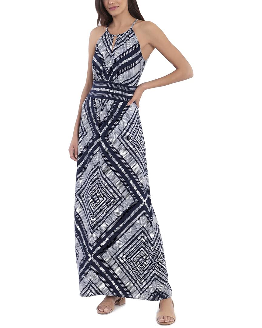 London Times Diamond Maxi Dress - White/Navy for Casual Wear