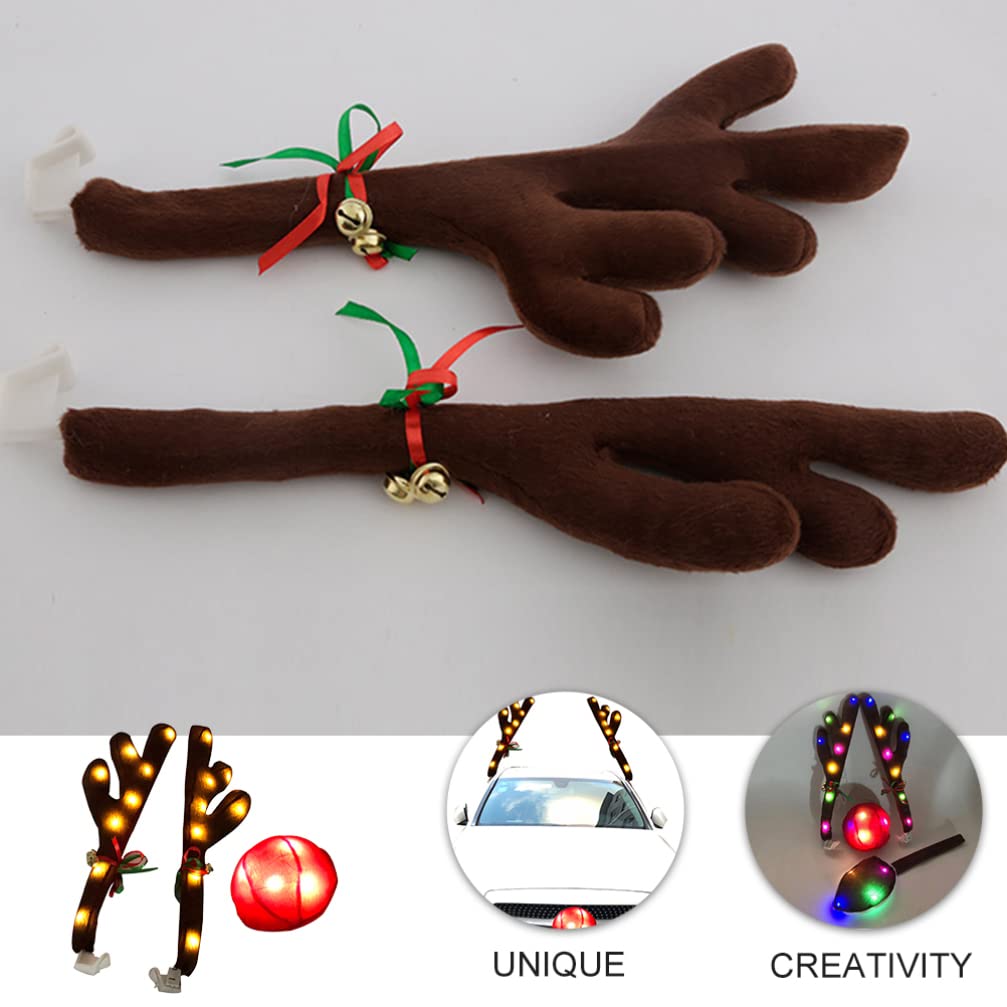 VICASKY LED Luminous Reindeer Antlers Car Decor - Christmas Roof Top Ornament with Red Nose & Plush Suit Kit for Auto Window Decoration | Perfect for Holiday Car Parades, Christmas Parties & Festive Family Road Trips