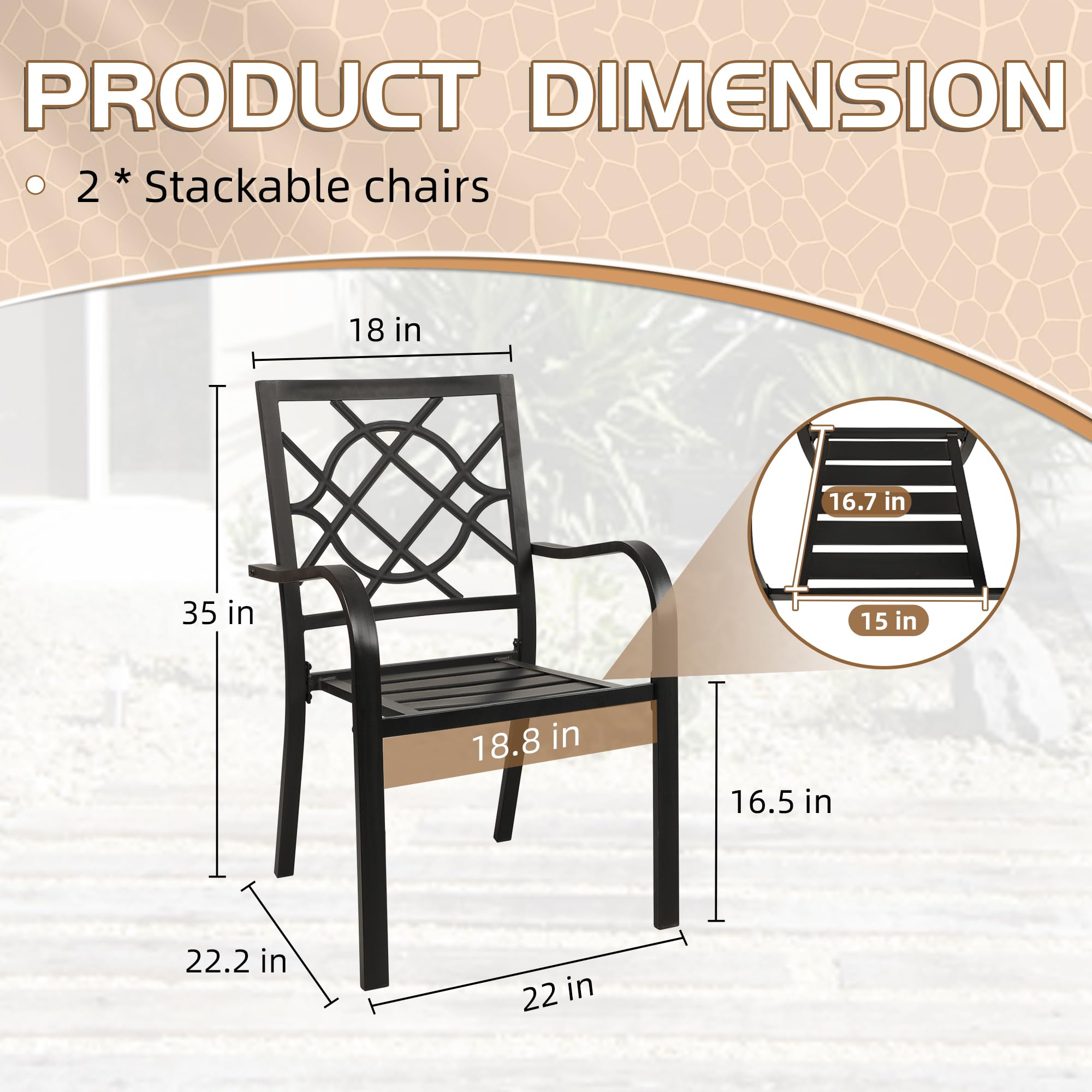 Incbruce 300lbs Capacity Patio Chairs Set of 2 - Heavy Duty Stackable Outdoor Dining Chairs with Metal Frame & Wrought Iron Black Finish - Perfect for Garden, Poolside, Backyard, Deck, and Outdoor Entertaining