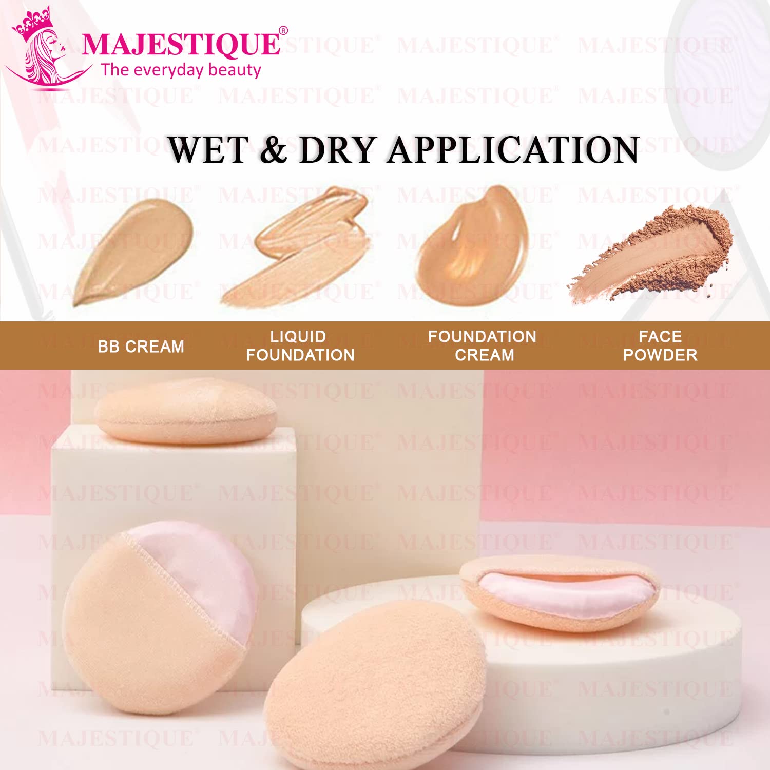 Majestique Large Round Cotton Powder Puffs for Makeup - Washable Face & Body Puffs for Loose Mineral Powder (Champagne) - Perfect for Professional Makeup & Home Beauty Routines