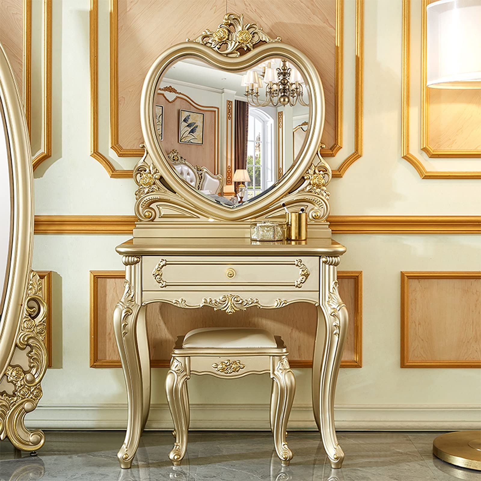 Vanity Makeup Table with Heart Mirror & Drawer for Bedroom - Perfect Dressing Table for Women & Girls