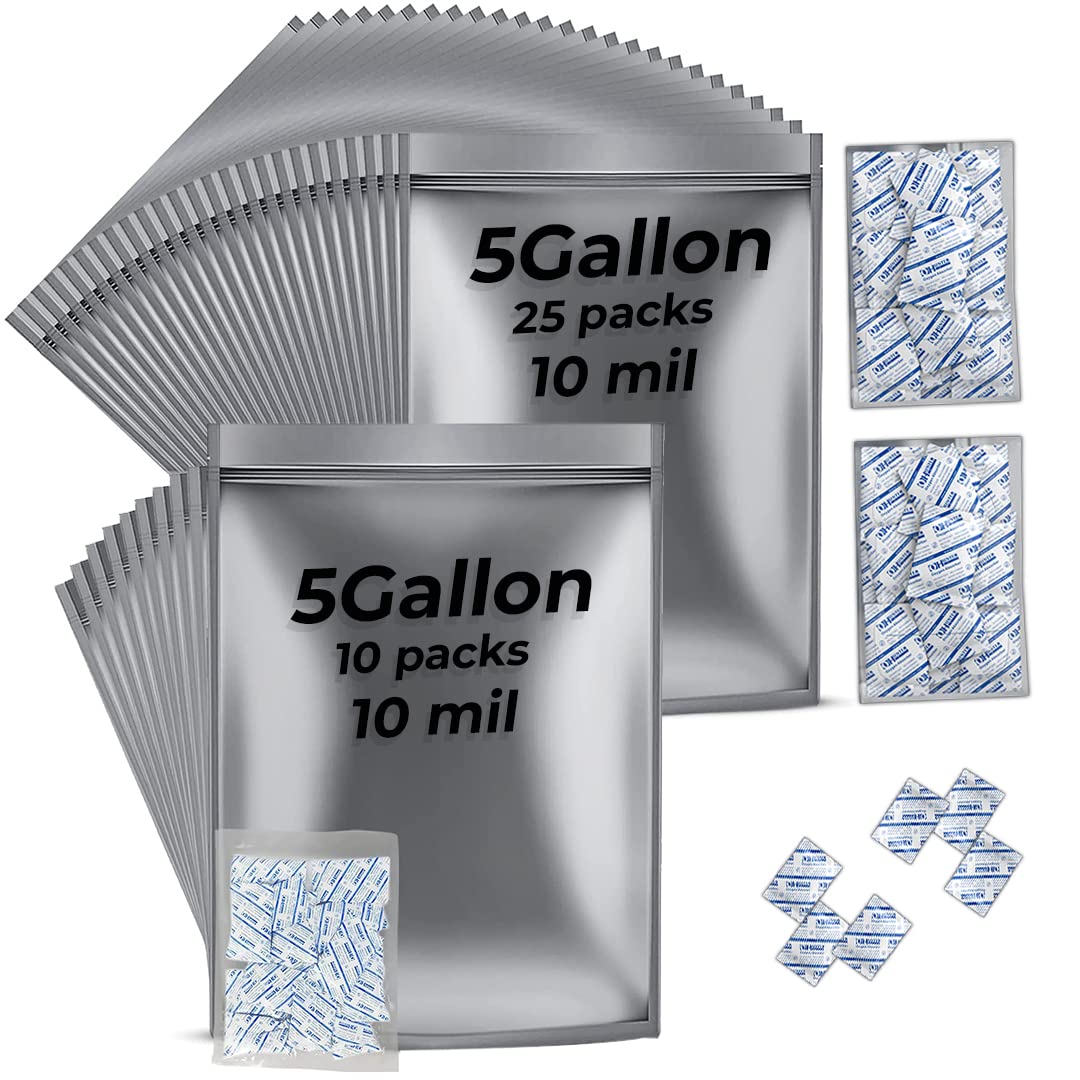 TekUnlimited 35-Pack 5 Gallon Mylar Bags with 45 (2000cc) Oxygen Absorbers – 10 Mil Thick Food Storage Bags for Grains, Rice, Beans & Meat Dry Aging – Long Term Emergency Food Preservation – Perfect for Preppers, Camping & Bulk Food Storage