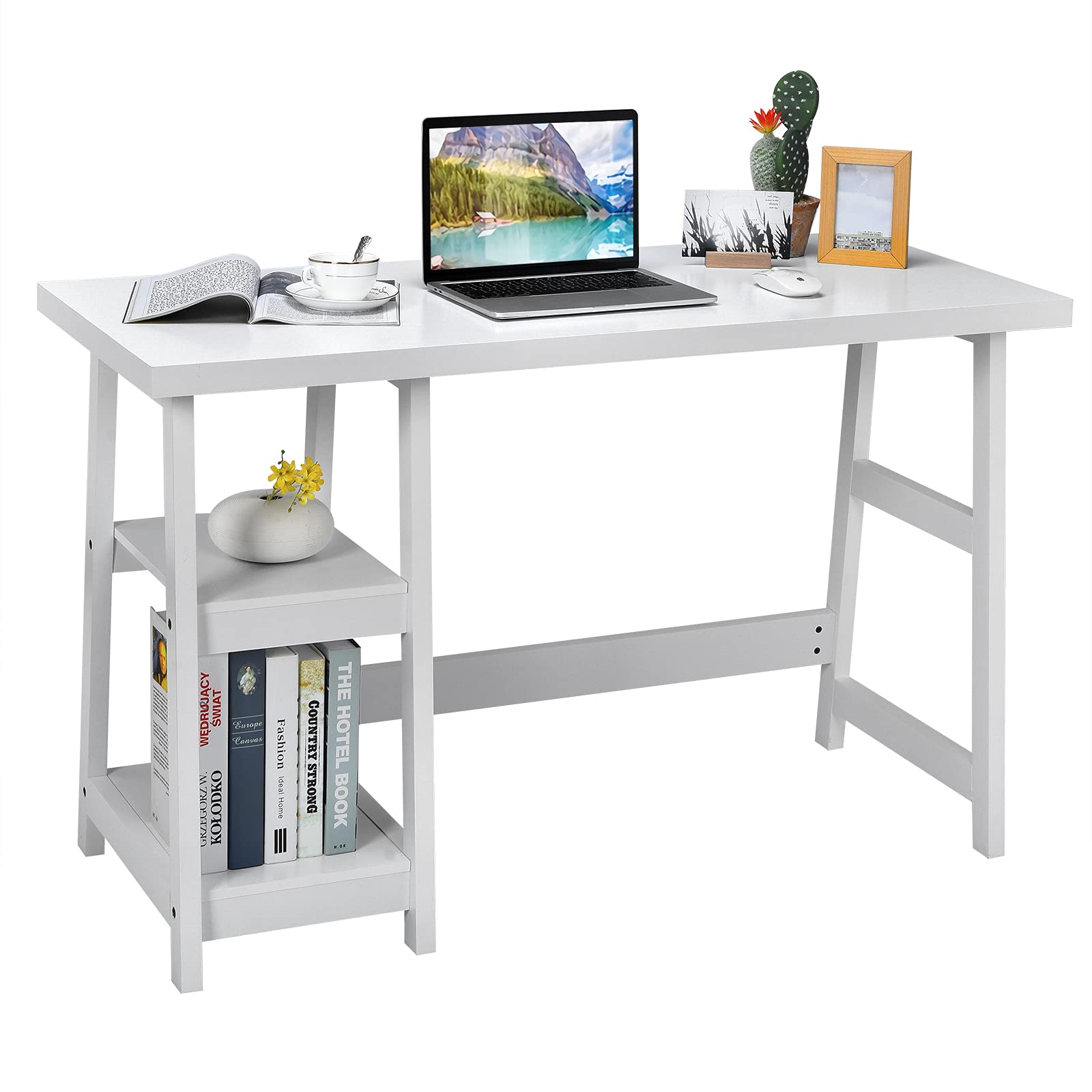 Tangkula White Modern Trestle Desk with Storage Shelves - Space Saving Home Office Desk, Study Writing Desk for Bedroom - Perfect for Small Spaces, Remote Work & Student Dorm Rooms