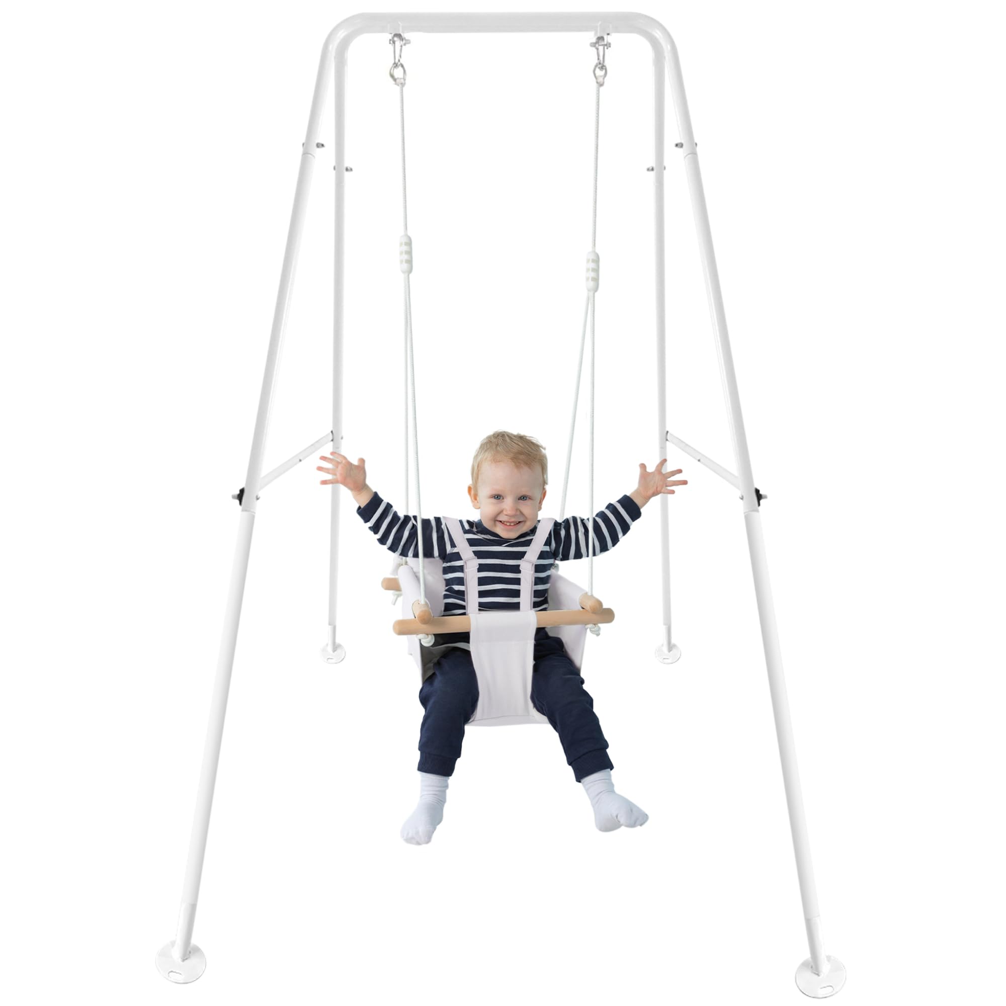 CaTeam - Canvas Baby Swing with Stand, Wooden Hanging Swing Seat Chair with Safety Belt - Durable Indoor & Outdoor Baby Swing for Kids (Ivory) - Perfect for Nursery, Backyard, Playroom & Patio Relaxation