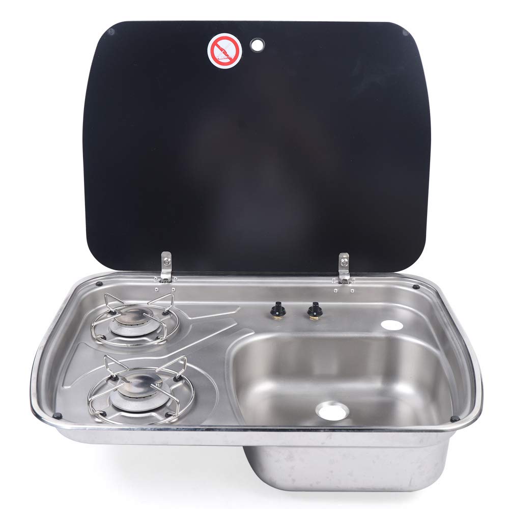 Gdrasuya10 RV Gas Stove with Sink Combo - 2-Burner LPG Cooktop with Knob Control, SS304 Stainless Steel & Tempered Glass Lid - Perfect for RV, Boat, Caravan & Outdoor Cooking Adventures