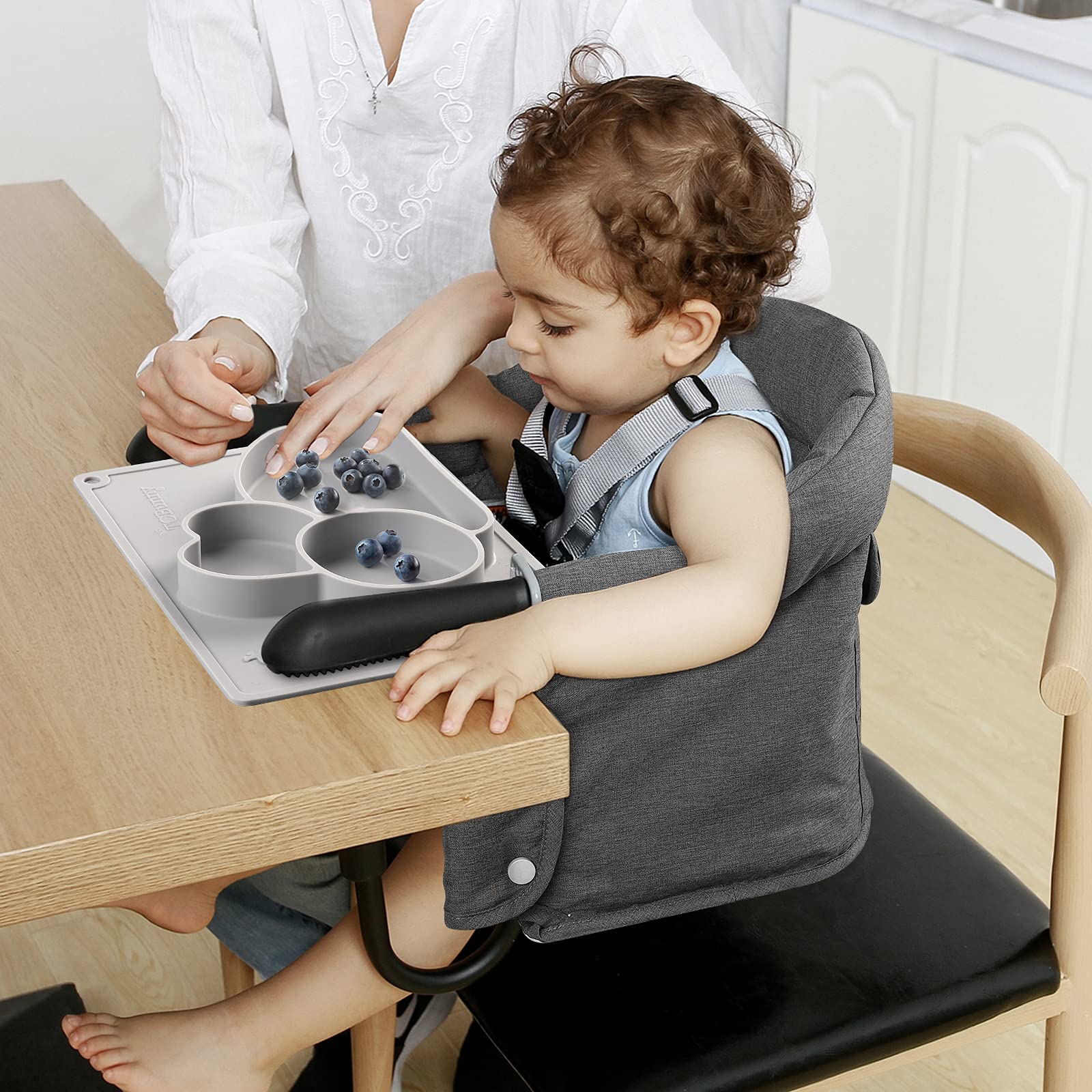 Hook On Chair with Tray - Foldable Baby High Chair with Secure Clip, Portable Feeding Seat for Home & Travel - Perfect for Dining, Outdoor Picnics & Restaurant Use (Grey)
