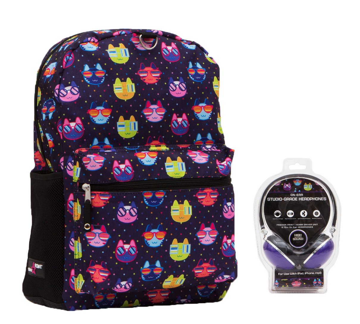 Star Point Kitty Cat Tech Backpack with Built-in Headphones - Cute Laptop Bag for Women & Girls, Perfect for School, Travel, and Work Commute