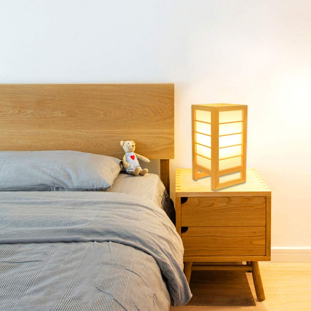 Modern Pine Wood Table Lamp - Simple Creative Wooden Bedside Lamp with Warm LED Bulb for Bedroom, Living Room & Tatami Decor - Natural Wood Frame Lighting