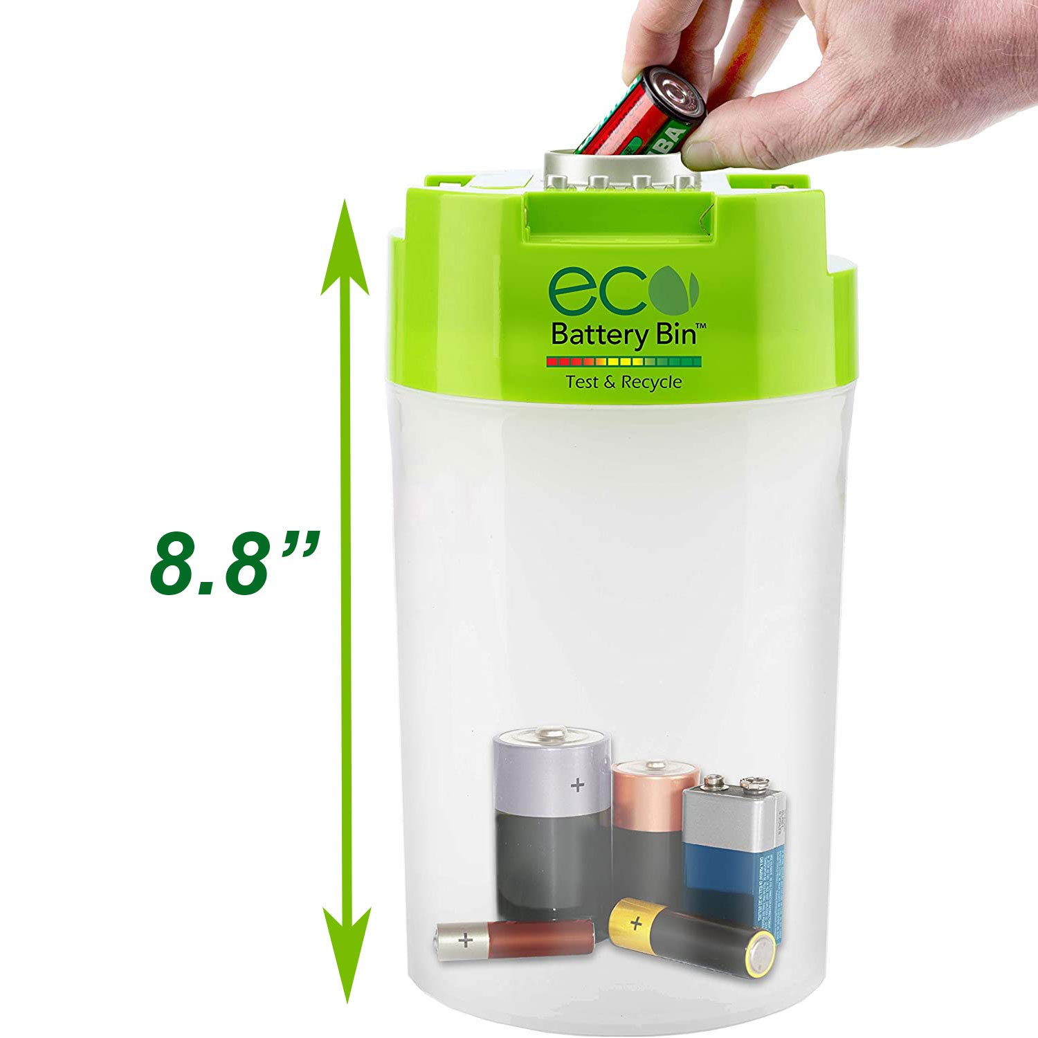 ECO Battery Bin - Test, Store & Recycle AA AAA C D Batteries | Safe Battery Organizer for Home, Office & Garage | Perfect for Household, Electronics & Toy Batteries