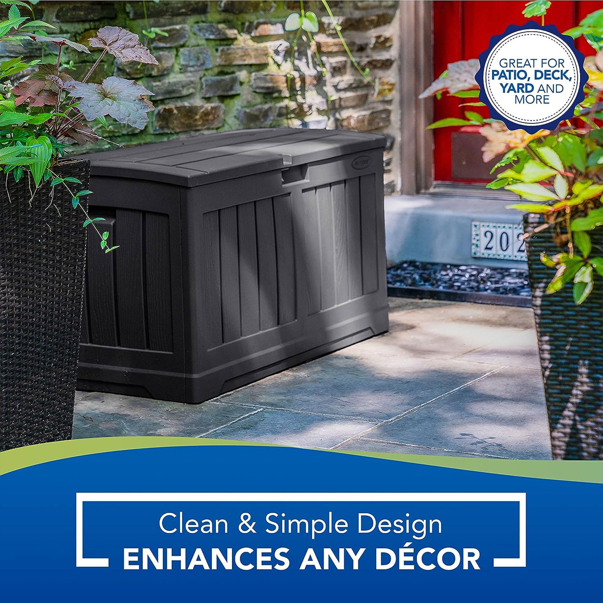 Suncast 50 Gallon All-Weather Resin Outdoor Storage Deck Box with Arched Lid - Medium Capacity Patio, Garden & Pool Storage Solution - Durable Peppercorn Design for Backyard, Deck or Poolside Organization