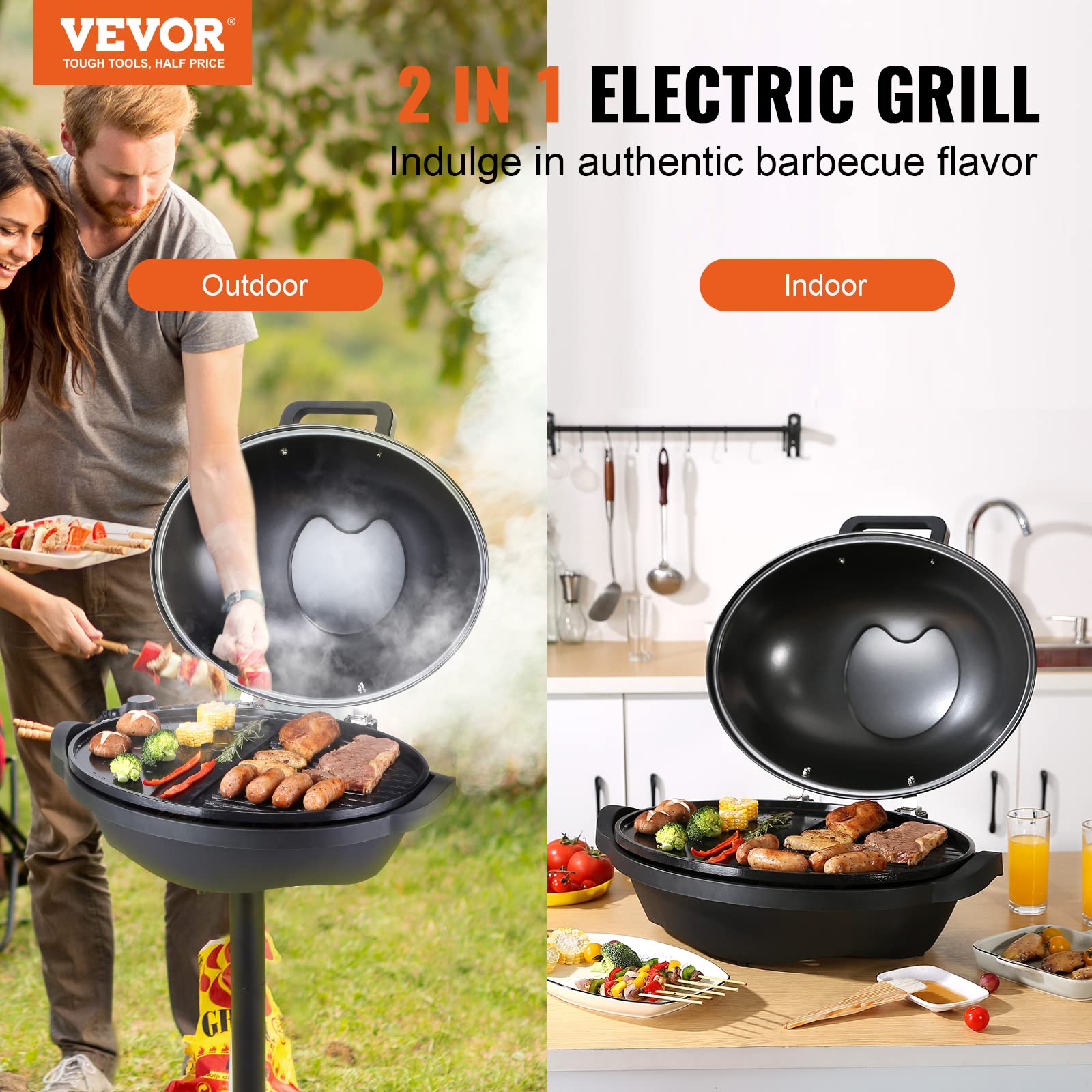 VEVOR 1800W Electric Grill for Indoor & Outdoor Use - 200 Sq.in Non-Stick Ceramic BBQ Grill with 2 Zone Cooking, Adjustable Temperature & Removable Stand - Perfect for Backyard Parties, Camping & Patio Dining