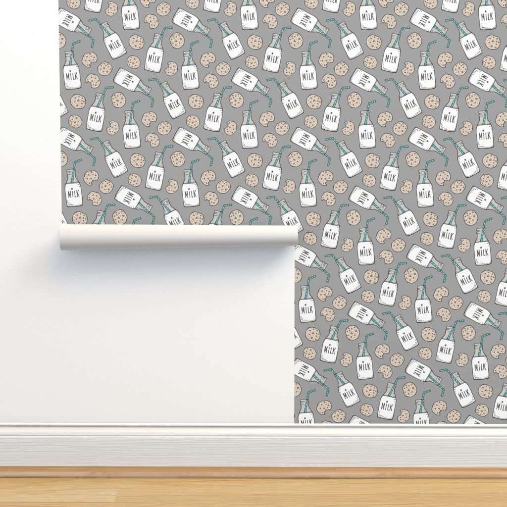 Peel & Stick Wallpaper 9ft x 2ft - Milk Cookies Dark Gray Breakfast Food Sweets Cookie Custom Removable Wallpaper by Spoonflower | Perfect for Kitchen, Bedroom, Nursery & Home Decor