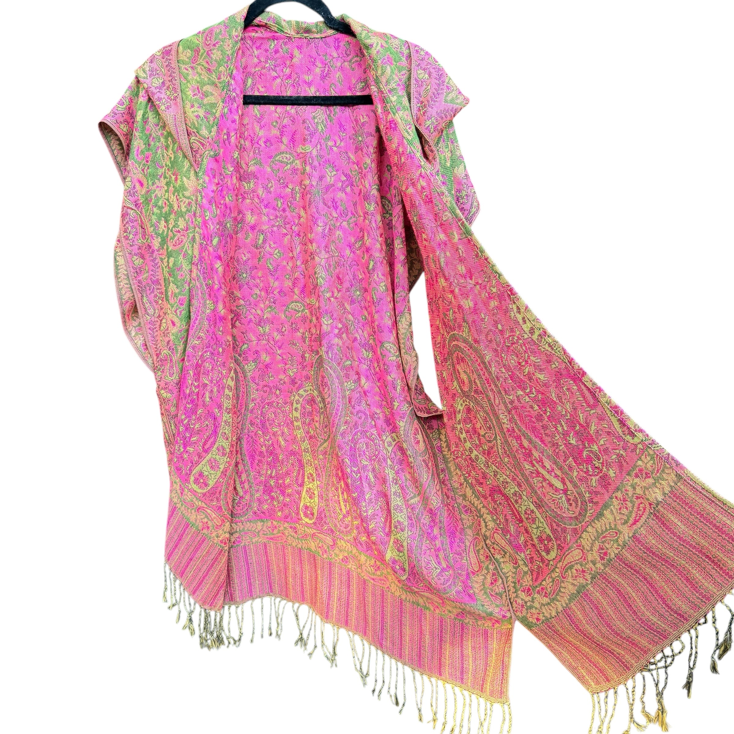 Pashmina Hooded Kimono - Soft Green & Pink Floral Print - Women's Lightweight Cover-Up for Beach, Yoga, and Lounge Wear