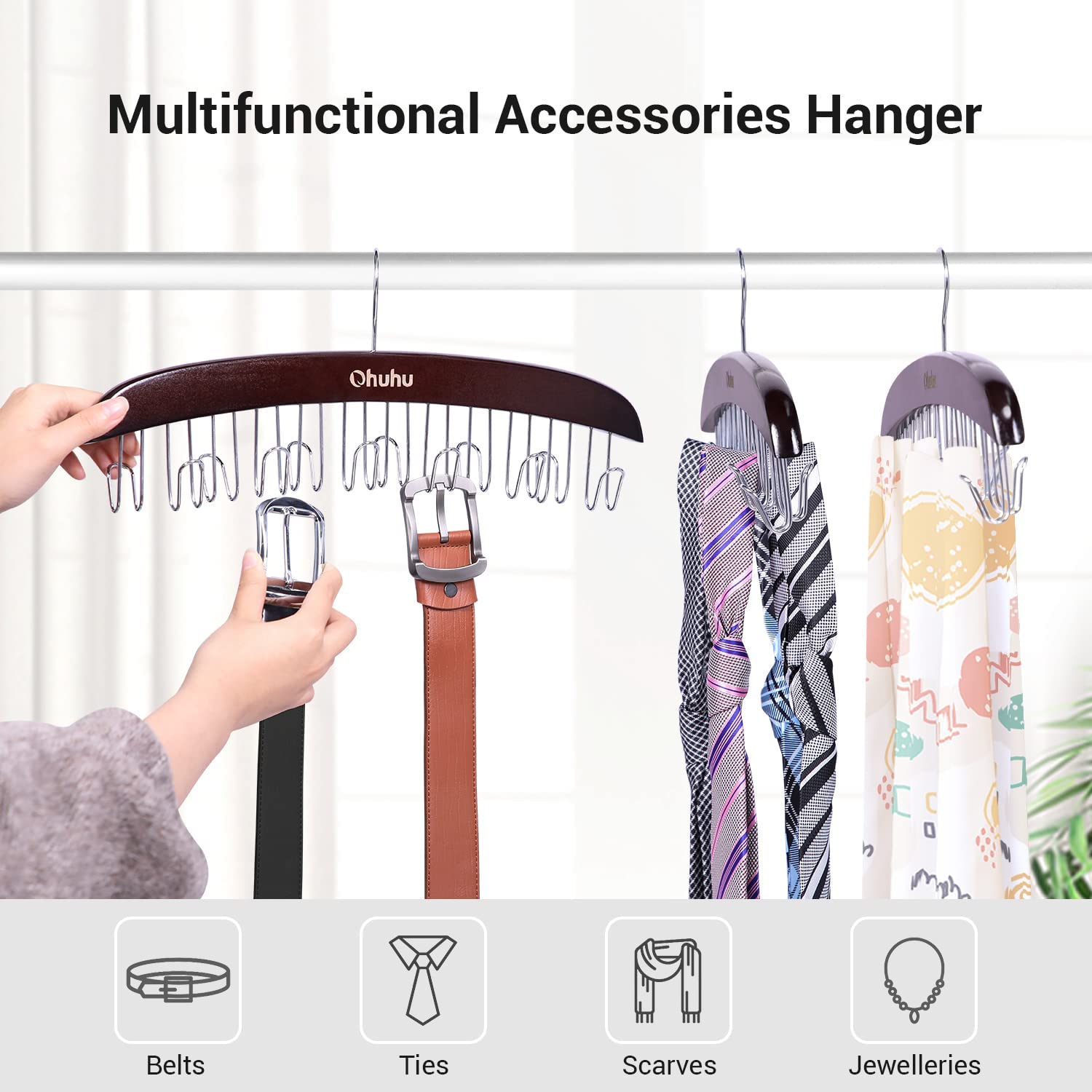 Ohuhu 360 Degree Rotating Belt & Tie Organizer - 12 Hook Wooden Closet Storage Rack for Belts, Neckties & Bow Ties - Space Saving Swivel Hanger for Bedroom, Closet & Dorm Organization
