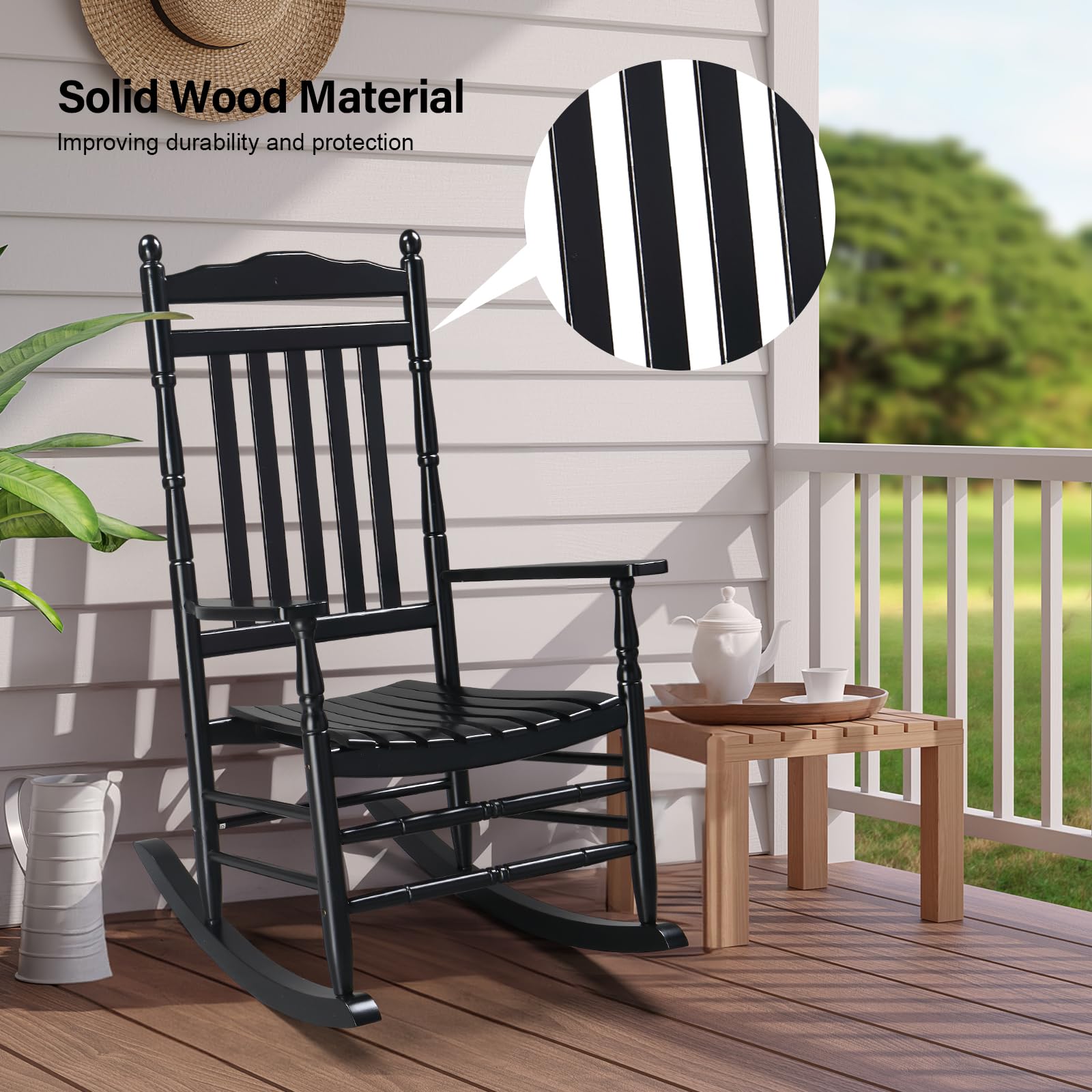 VINGLI Solid Wood Rocking Chair for Outdoor & Indoor Use - 450 lbs Weight Capacity, High Back Reclining Seat, Relaxing Rocker for Deck, Garden, Backyard, Porch - Perfect for Lounging, Reading & Relaxation (Black)